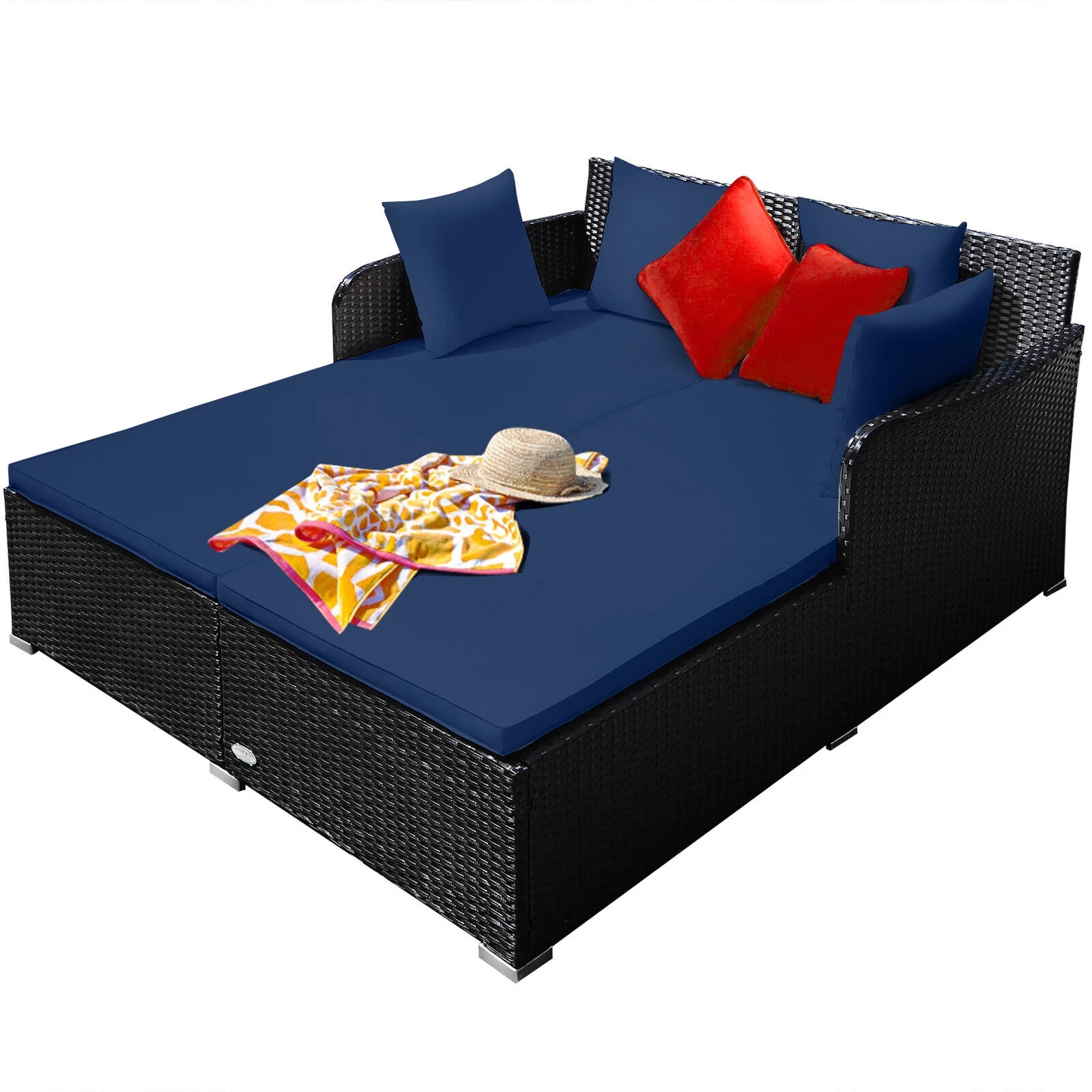 Outdoor Patio Rattan Daybed Cushioned Patio Conversation Set Sofa Furniture, Navy