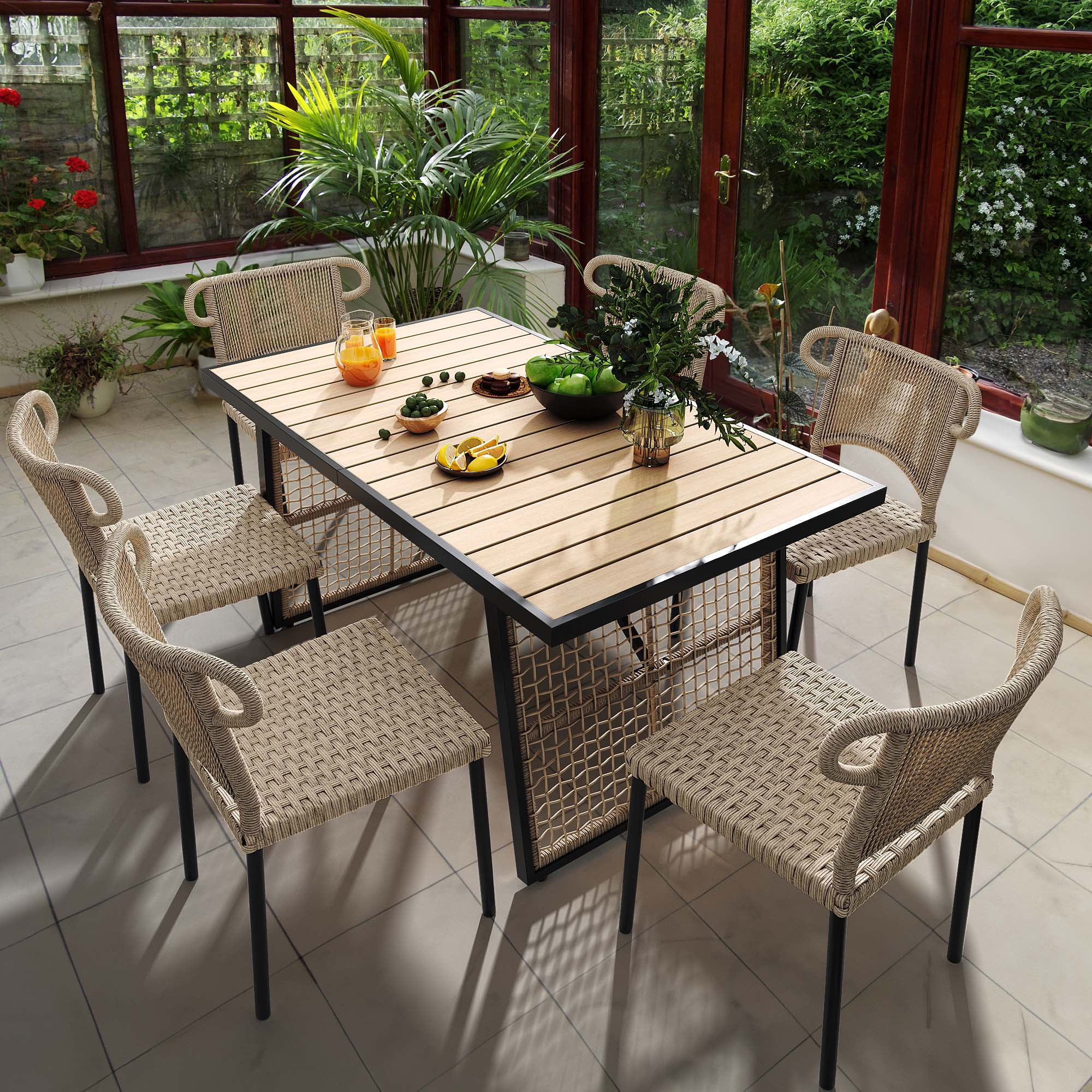 Dextrus Patio PE Rattan Chair Set of 6, Indoor Outdoor Dining Chair,Armchair Armrest Stackable for Garden,Backyard,Balcony - Brown & Yellow