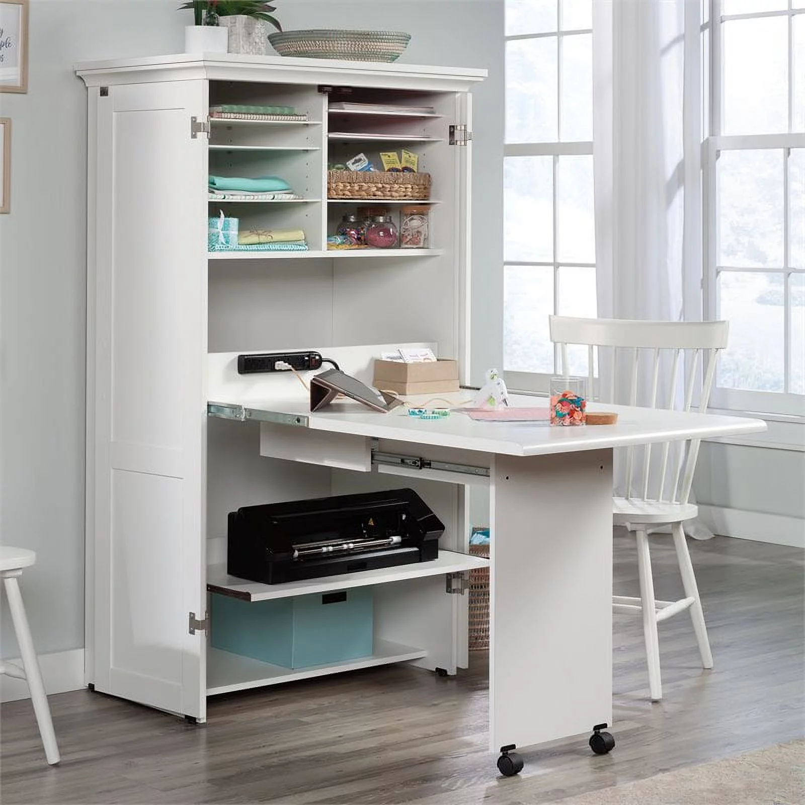 Pemberly Row Modern Engineered Wood Multi-Purpose Storage Craft Armoire in White