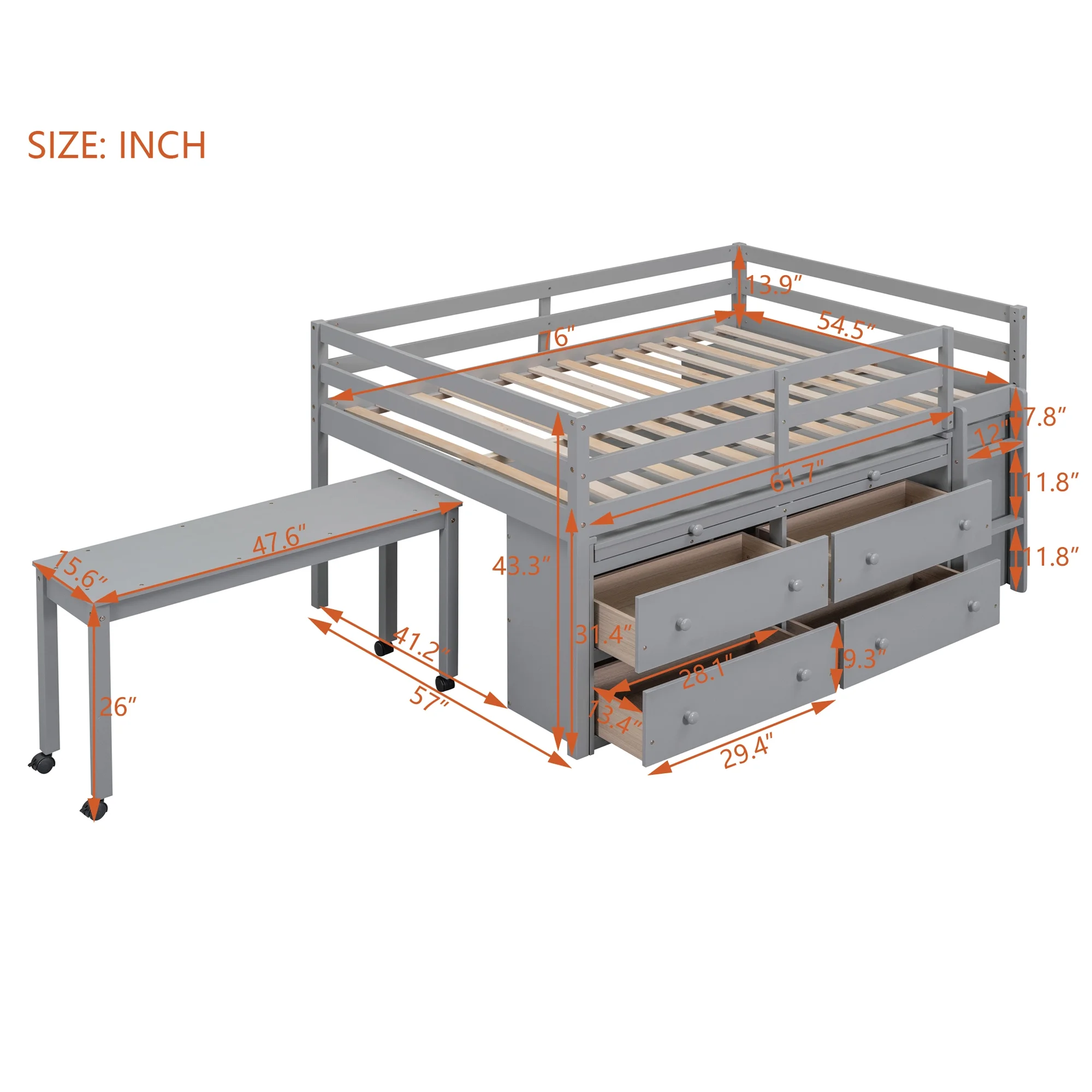 CoSoTower Full Size Loft Bed with Retractable Writing Desk and 4 Drawers, Wooden Loft Bed with Lateral Portable Desk and Shelves, Gray