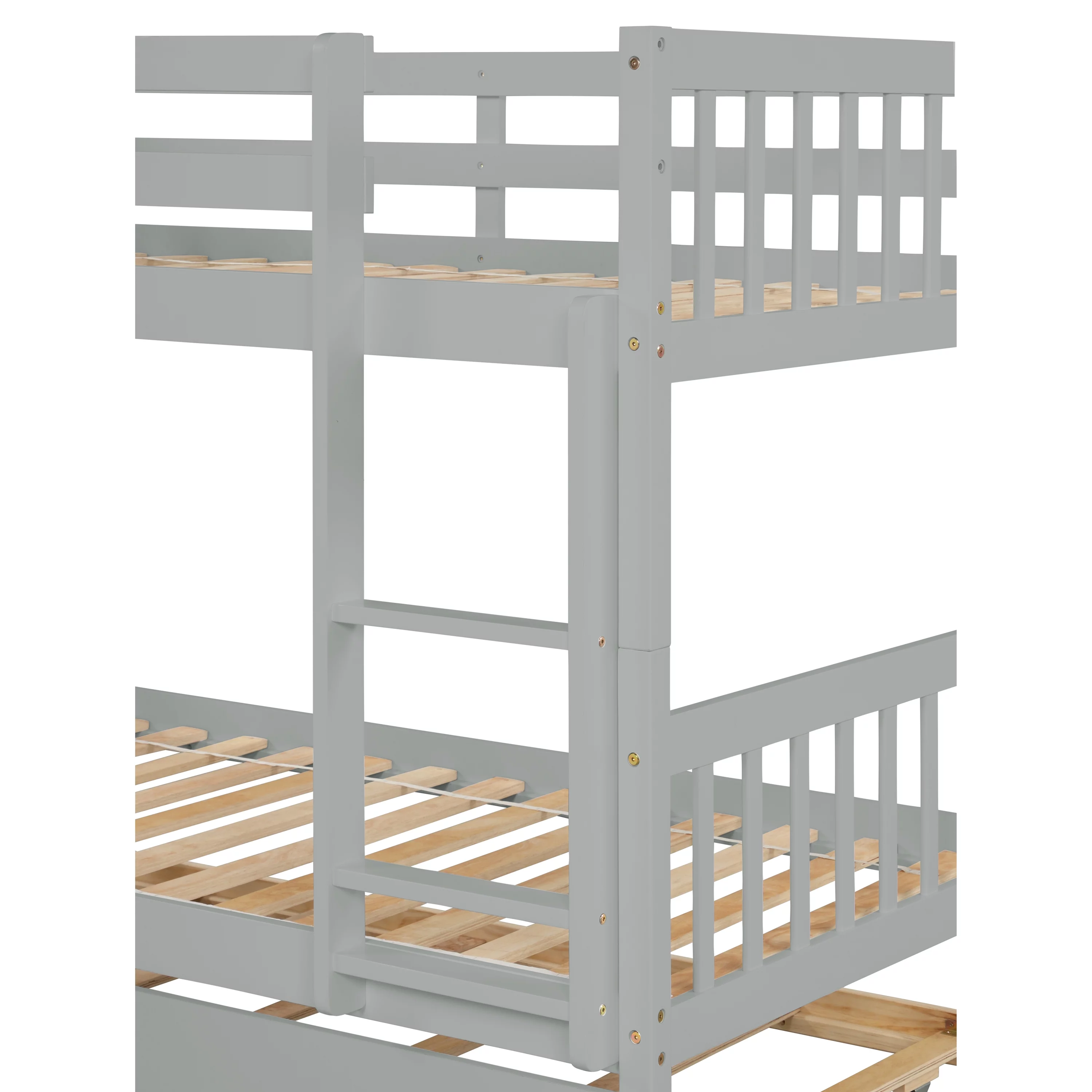 Bellemave Twin over Twin Bunk Bed with Trundle, Convertible Wood Bunk Bed with Ladder and Guardrails for 3 Kids, Teens, No Box Spring Needed (Gray)