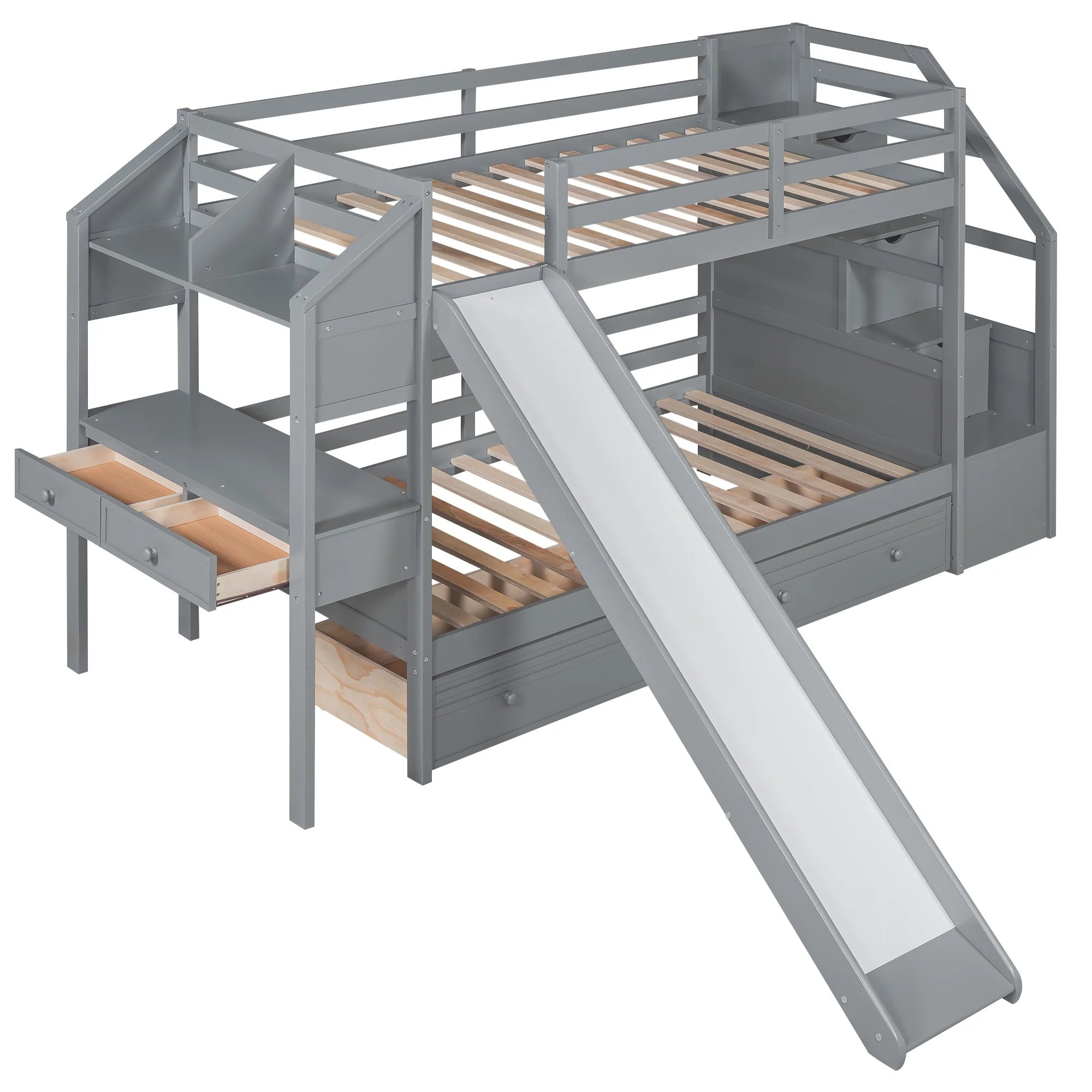 Euroco Wood Twin over Twin Bunk Bed with Desk and Slide, 4 Drawers and Shelf, Bookcase and Storage Staircase for Kids, Gray