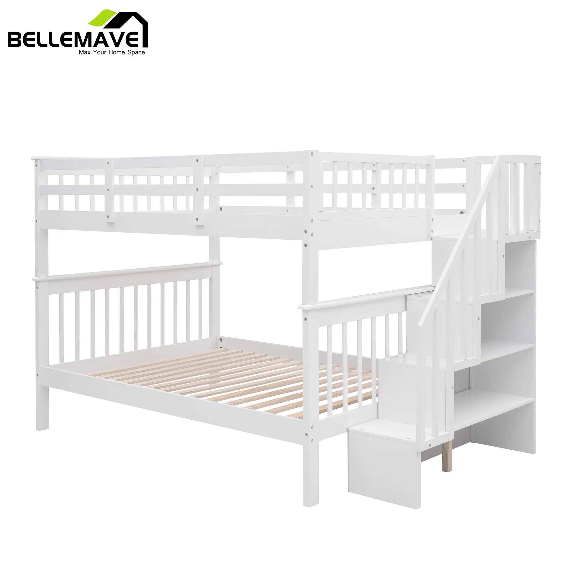 BELLEMAVE Full over Full Bunk Beds for Kids, Kids Bunk Beds with Storage Stairs and Full-Length Guardrail, Convertible Into 2 Bed, No Box Spring Needed(White)