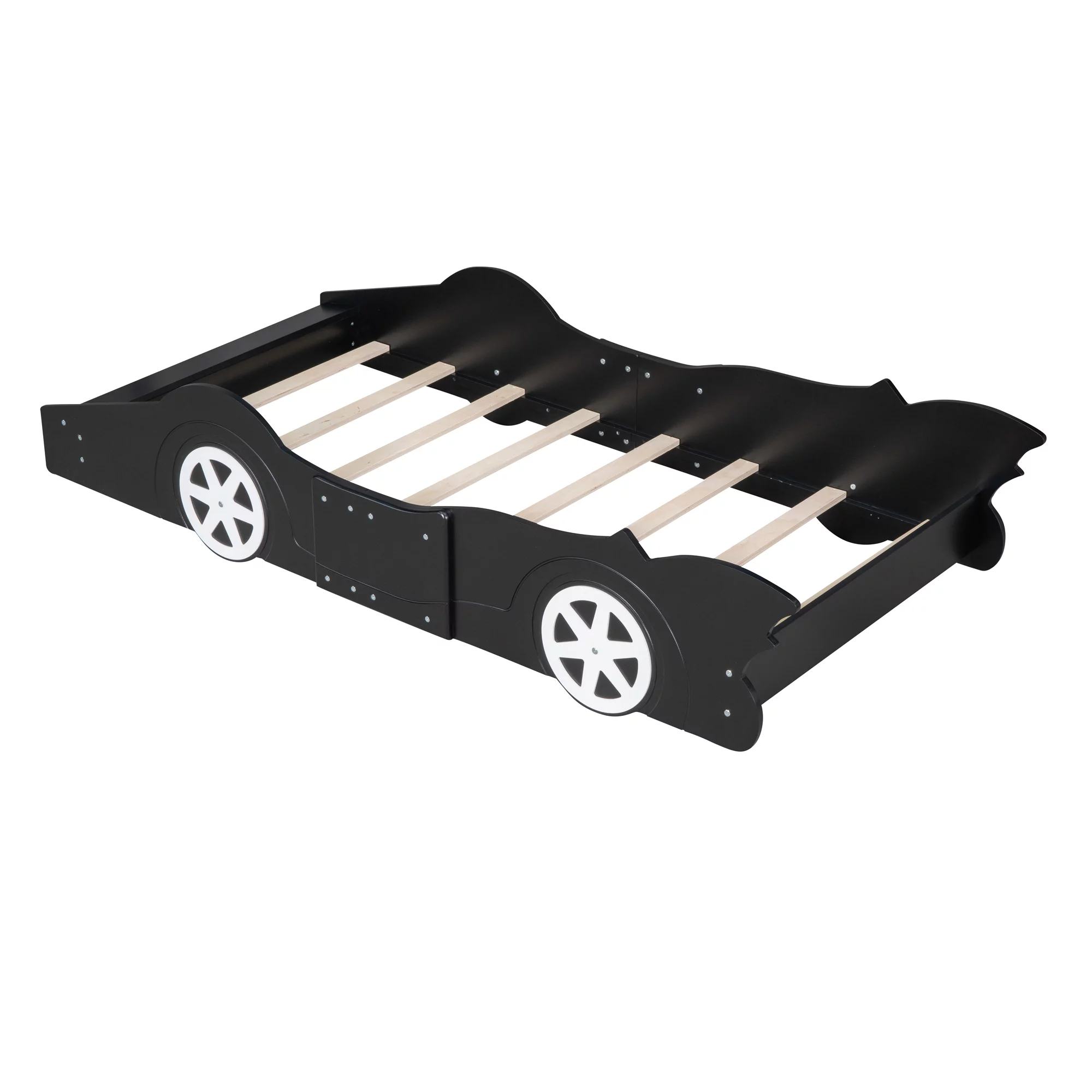 HSUNNS Twin Size Kids Race Car-Shaped Platform Bed with Wheels, Wooden Funny Twin Kids Bed Frame with 2 Sides Safety Rails for Boys Girls Toddlers Kids’ Bedroom, No Box Spring Needed, Black