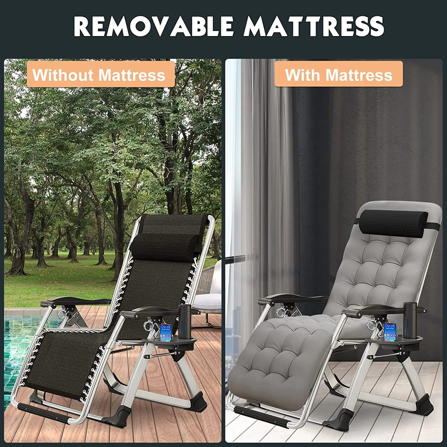 Slsy Zero Gravity Chair with with 2 Sided Cushion & Headrest, Lawn Recliner, Reclining Patio Lounger Chair, Folding Portable Chaise with Cup Holder
