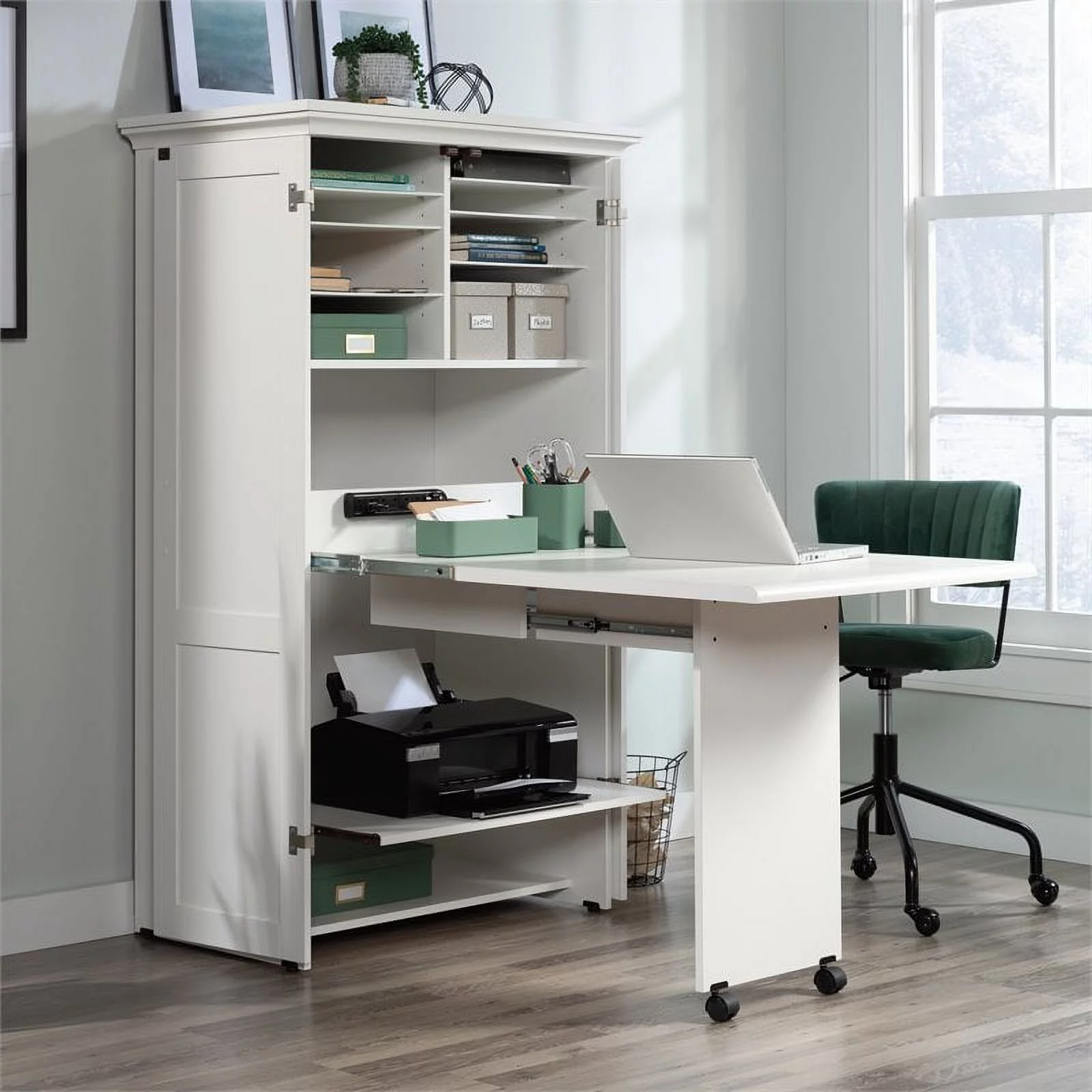 Pemberly Row Modern Engineered Wood Multi-Purpose Storage Craft Armoire in White