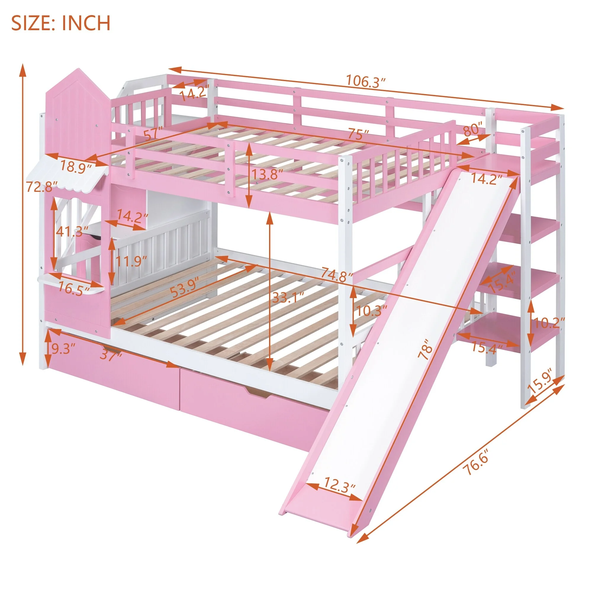 Castle Style Bunk Bed with 2 Drawers, 3 Shelves and Slide Pink - Full