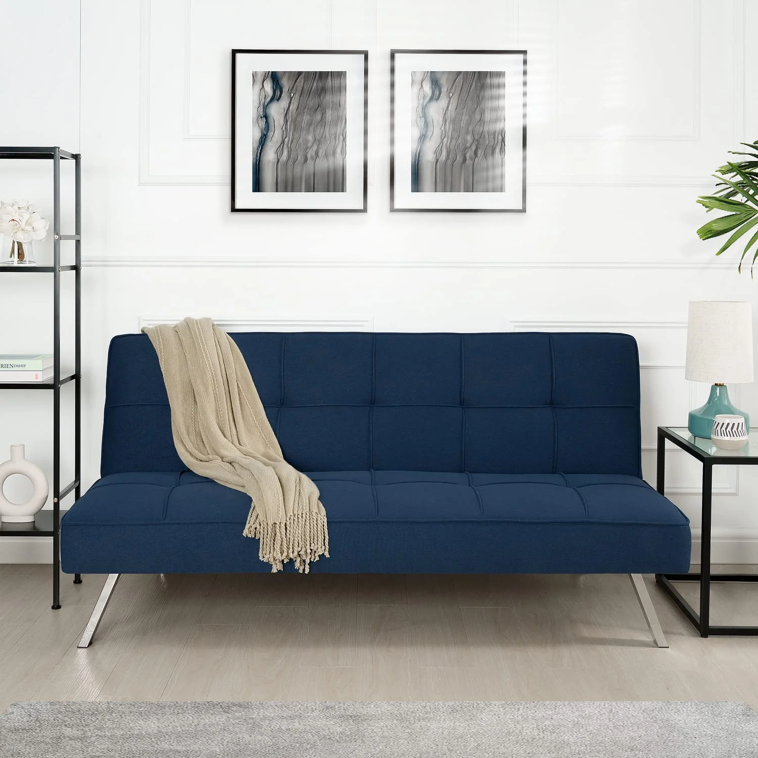 Naomi Home Modern Futon Sofa Bed, Navy Blue, Tufted, Convertible, Linen Fabric, 750 lbs Weight Capacity