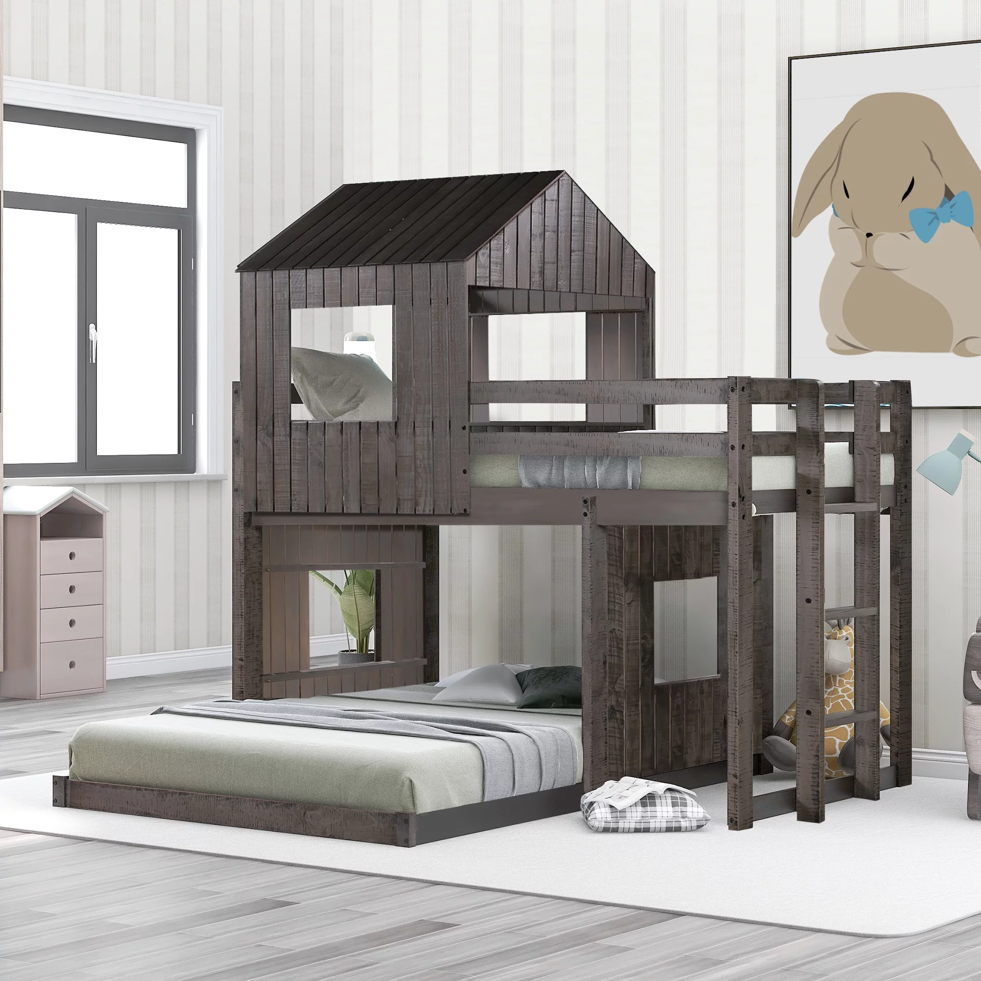 Royard Oaktree Twin Over Full House Bunk Beds with Roof and Windows Wooden Bunk Bed Frame with Ladder and Guardrails for Kids, Teens, Antique Gray
