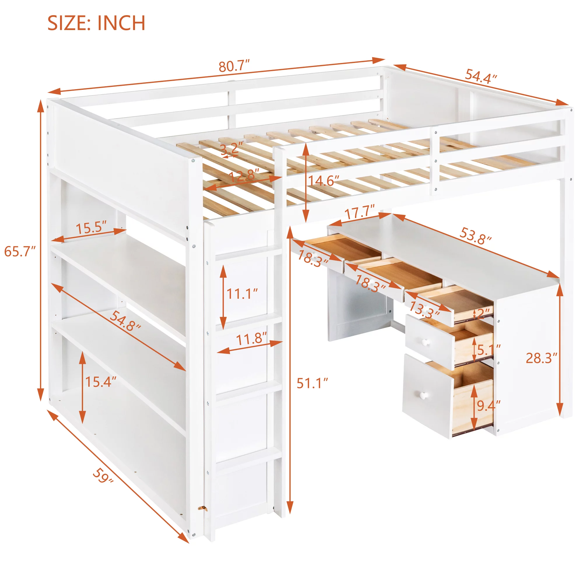 CoSoTower Full Size Loft Bed with Ladder, Shelves, and Desk, White