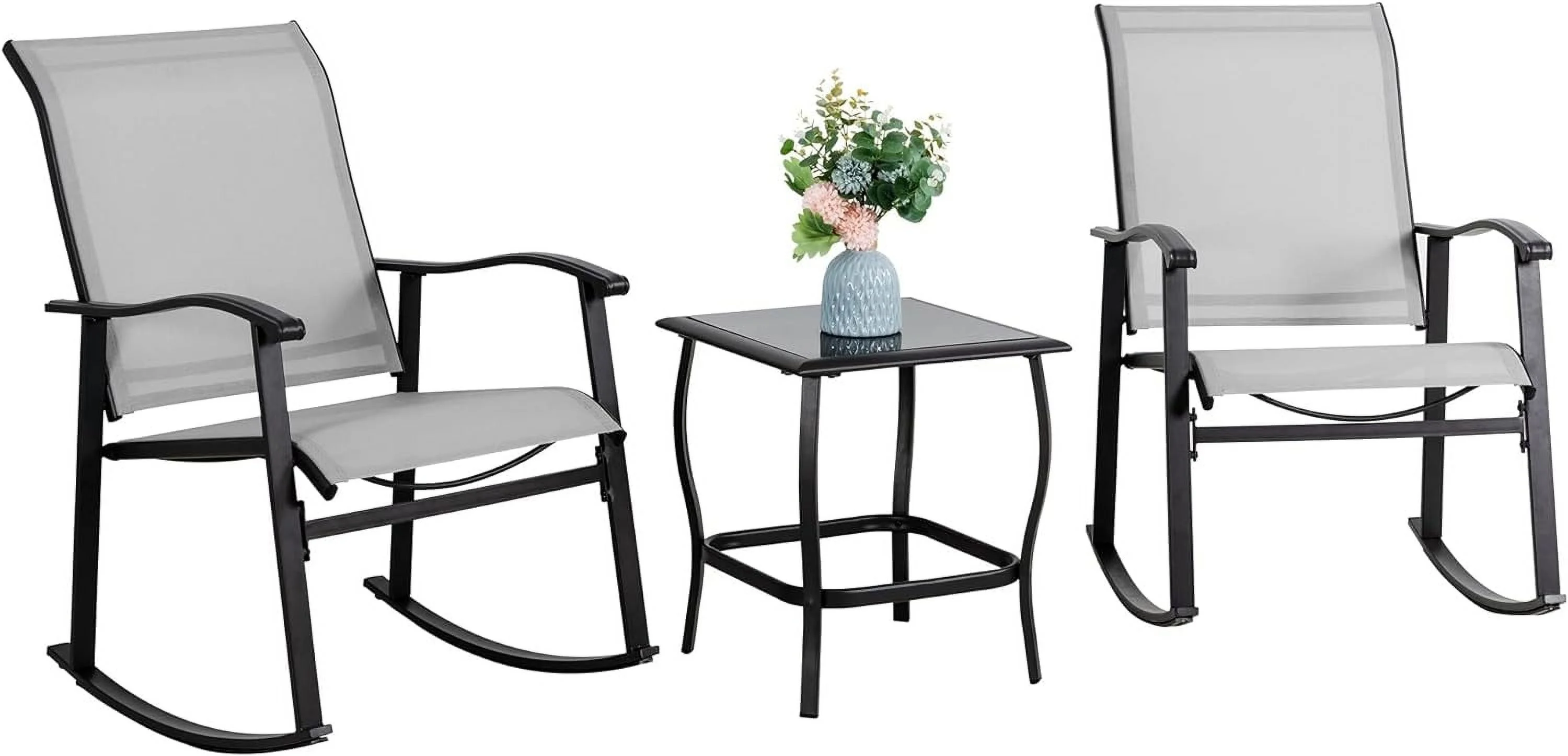 Vongrasig 3 Piece Outdoor Rocking Bistro Set, Textilene Fabric Small Patio Furniture Set, Front Porch Rocker Chairs Conversation Set with Glass Table for Lawn, Garden, Balcony, Poolside (White)