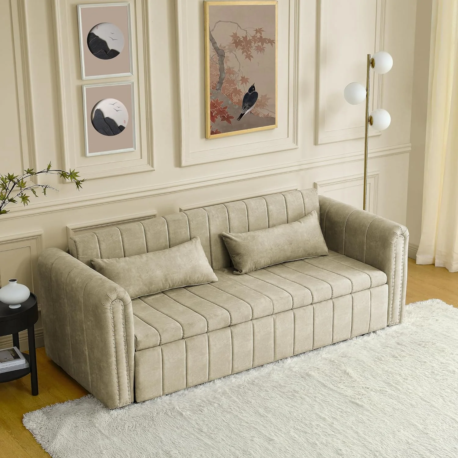 3-in-1 Convertible Sleeper Sofa Bed,Pull-Out Bed Sleeper with Rolled Arms Decorated with Copper Nails,Modern Upholstered 3 Seats Sofabed with Two Drawers and Two Pillows,Black