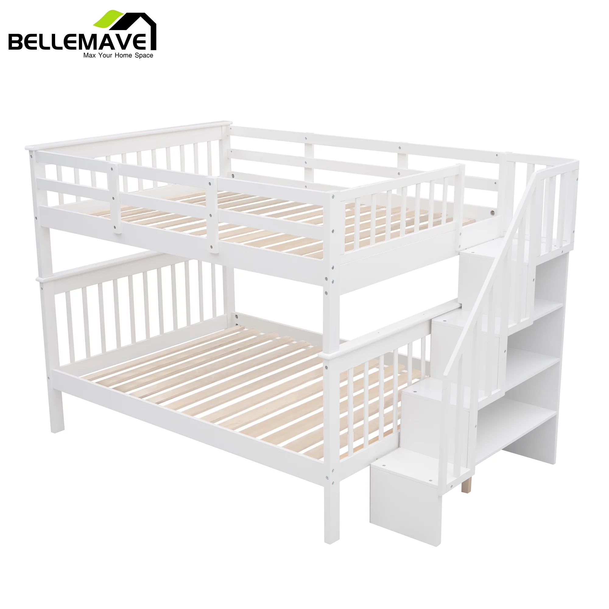 BELLEMAVE Full over Full Bunk Beds for Kids, Kids Bunk Beds with Storage Stairs and Full-Length Guardrail, Convertible Into 2 Bed, No Box Spring Needed(White)