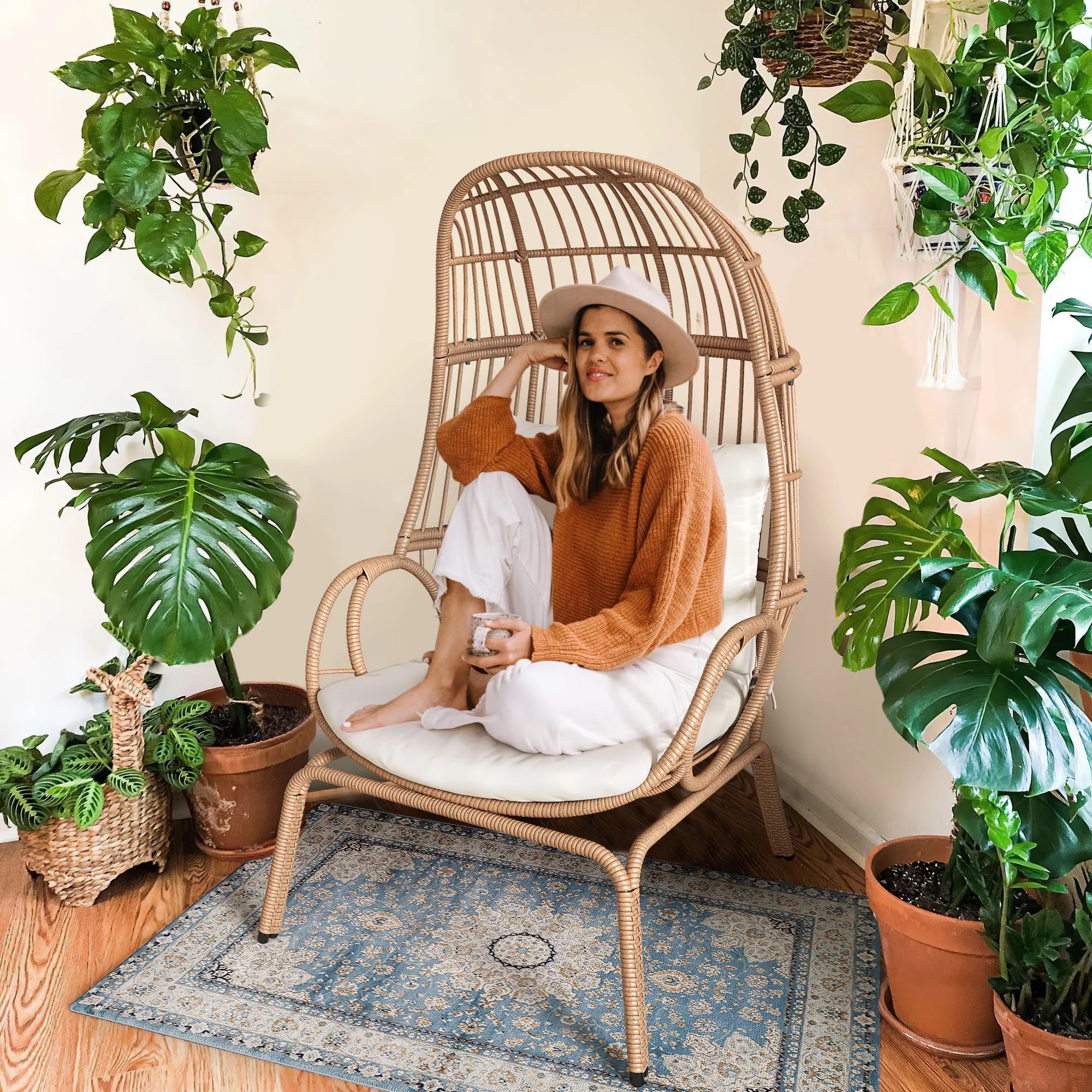 Dextrus Wicker Egg Chair Oversized Indoor Outdoor Patio Lounger w/ Steel Frame, Basket Chair for Bedroom,Living room,Patio, 370lb Capacity - Beige