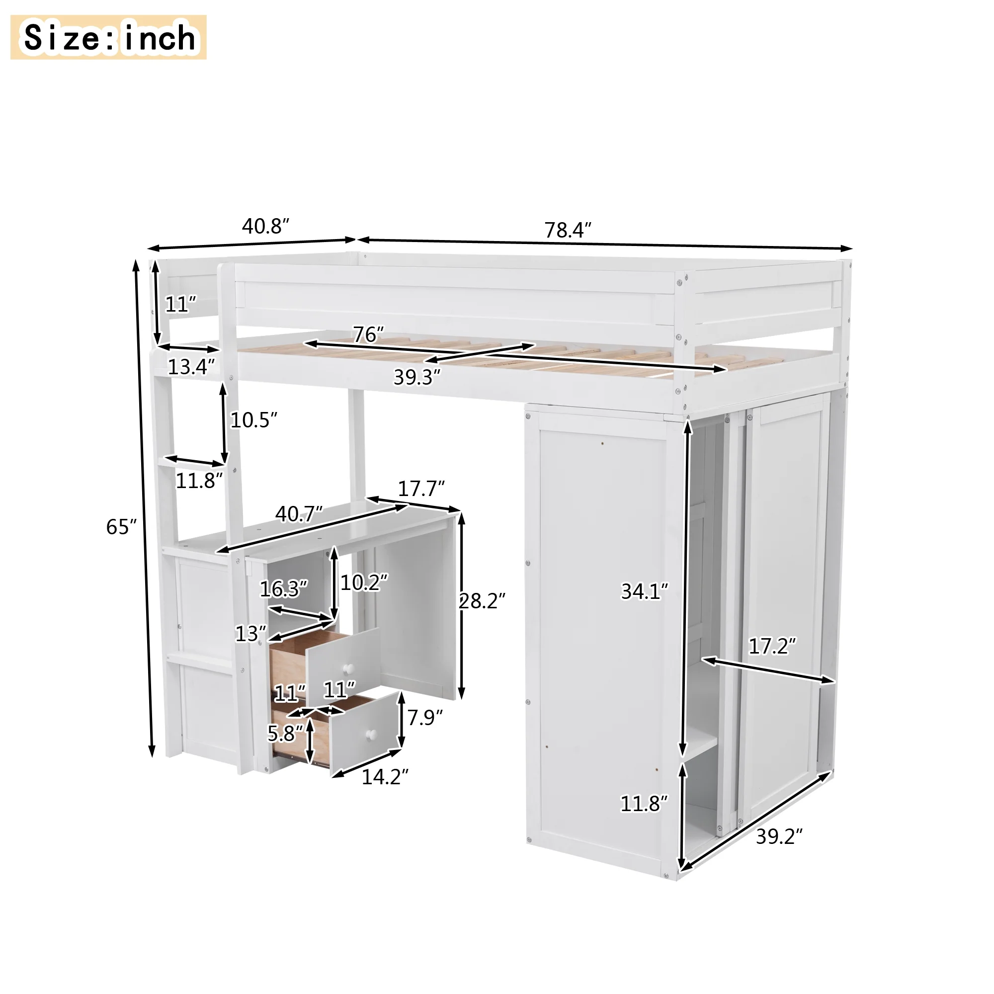 Twin Wood Loft Bed with Wardrobes and 2-Drawer Desk with Cabinet, Loft Twin Bed with Desk for Teenagers, Multiple Functions Bed, Easy to Assemble (White)