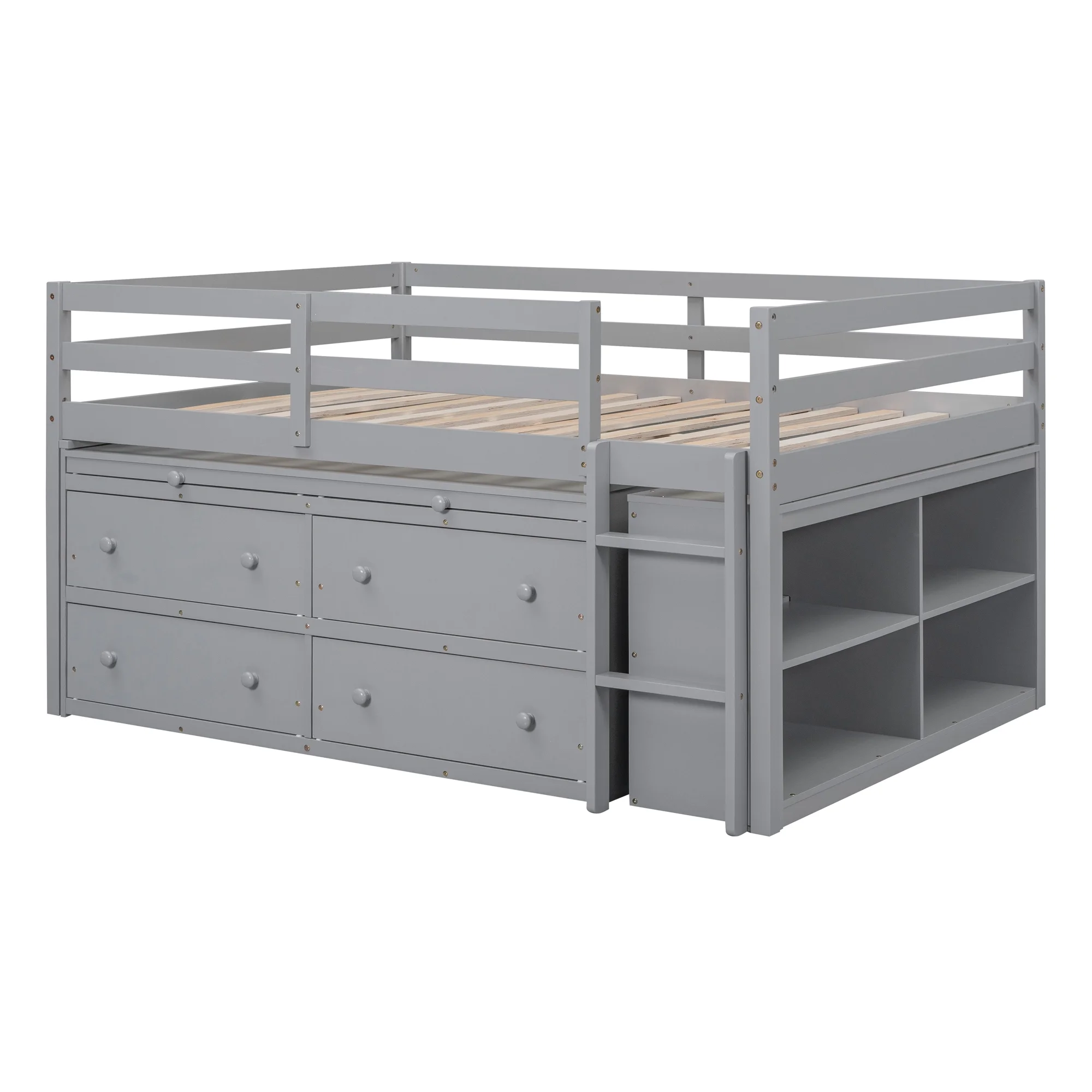 CoSoTower Full Size Loft Bed with Retractable Writing Desk and 4 Drawers, Wooden Loft Bed with Lateral Portable Desk and Shelves, Gray