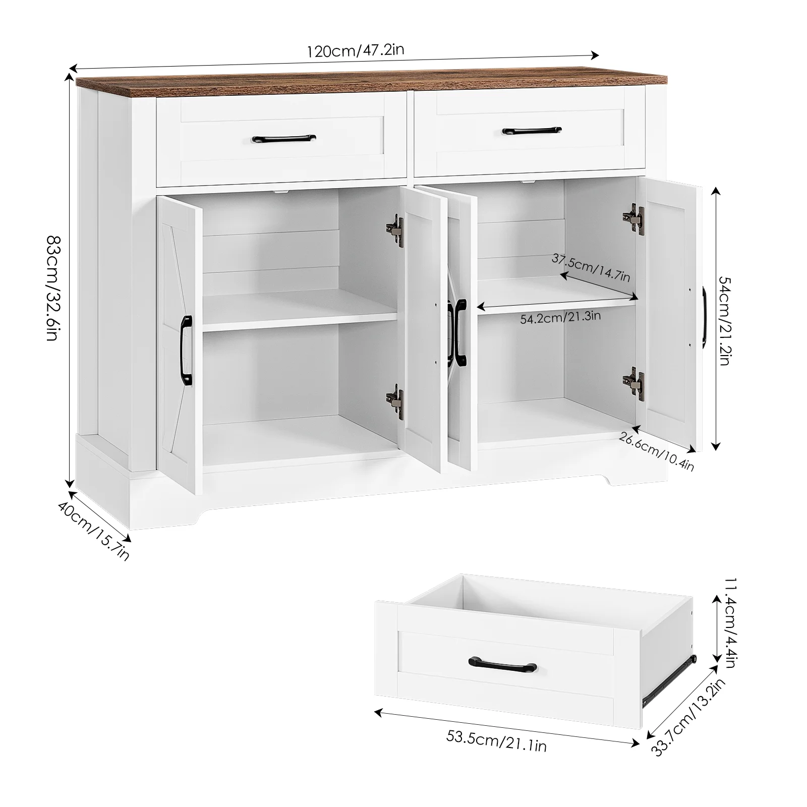 Homfa Farmhouse Buffet Sideboard, 2 Drawers & 4 Doors Shelf Space Wood Storage Cabinet Credenza for Kitchen Living Room, White