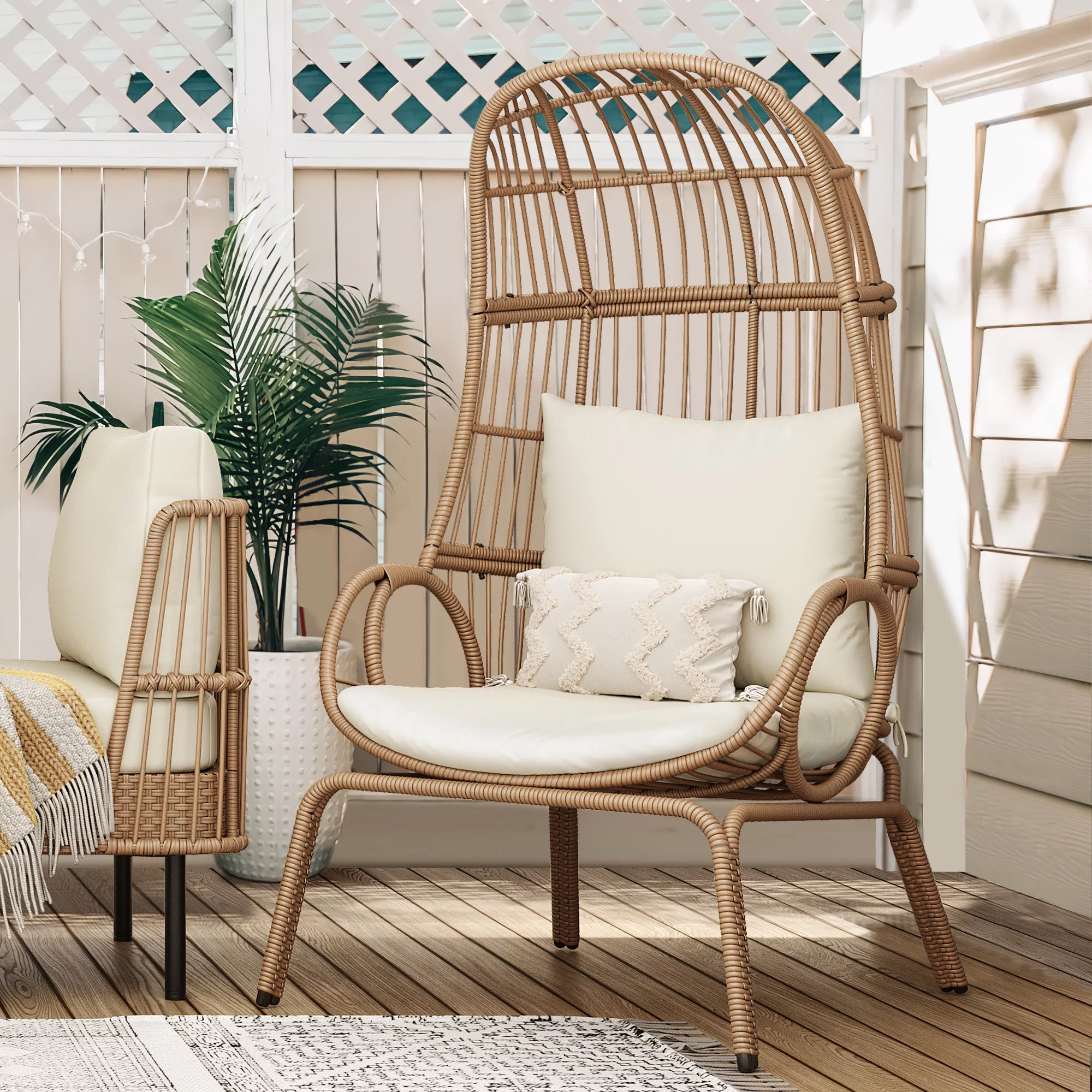 Dextrus Wicker Egg Chair Oversized Indoor Outdoor Patio Lounger w/ Steel Frame, Basket Chair for Bedroom,Living room,Patio, 370lb Capacity - Beige