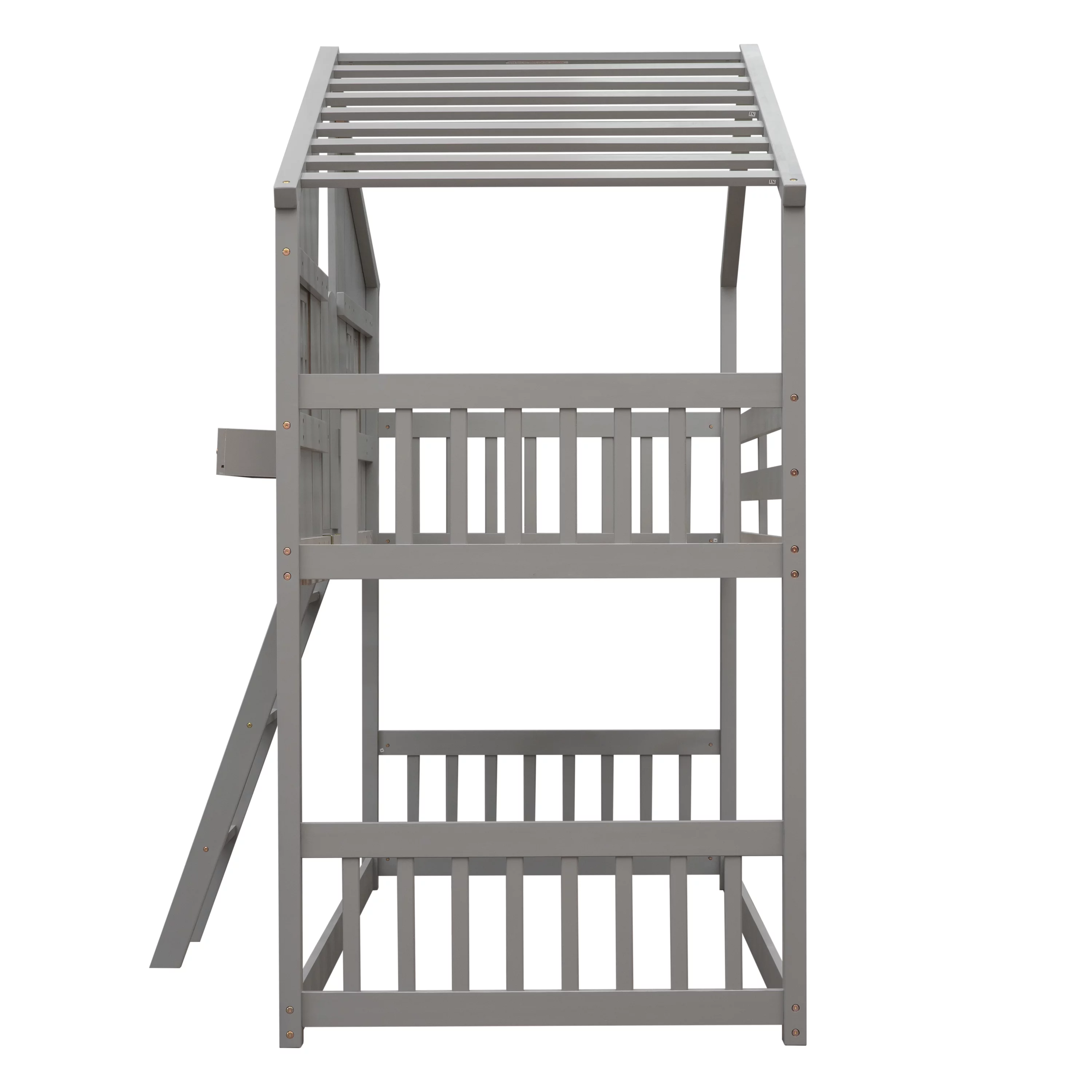 Solid Wood Twin over Twin House Bunk Bed with Roof, Window, Window Box, Door, Ladder and Guard Rail, Twin over Twin Bunk Bed for Toddler Kids Teens(Gray)