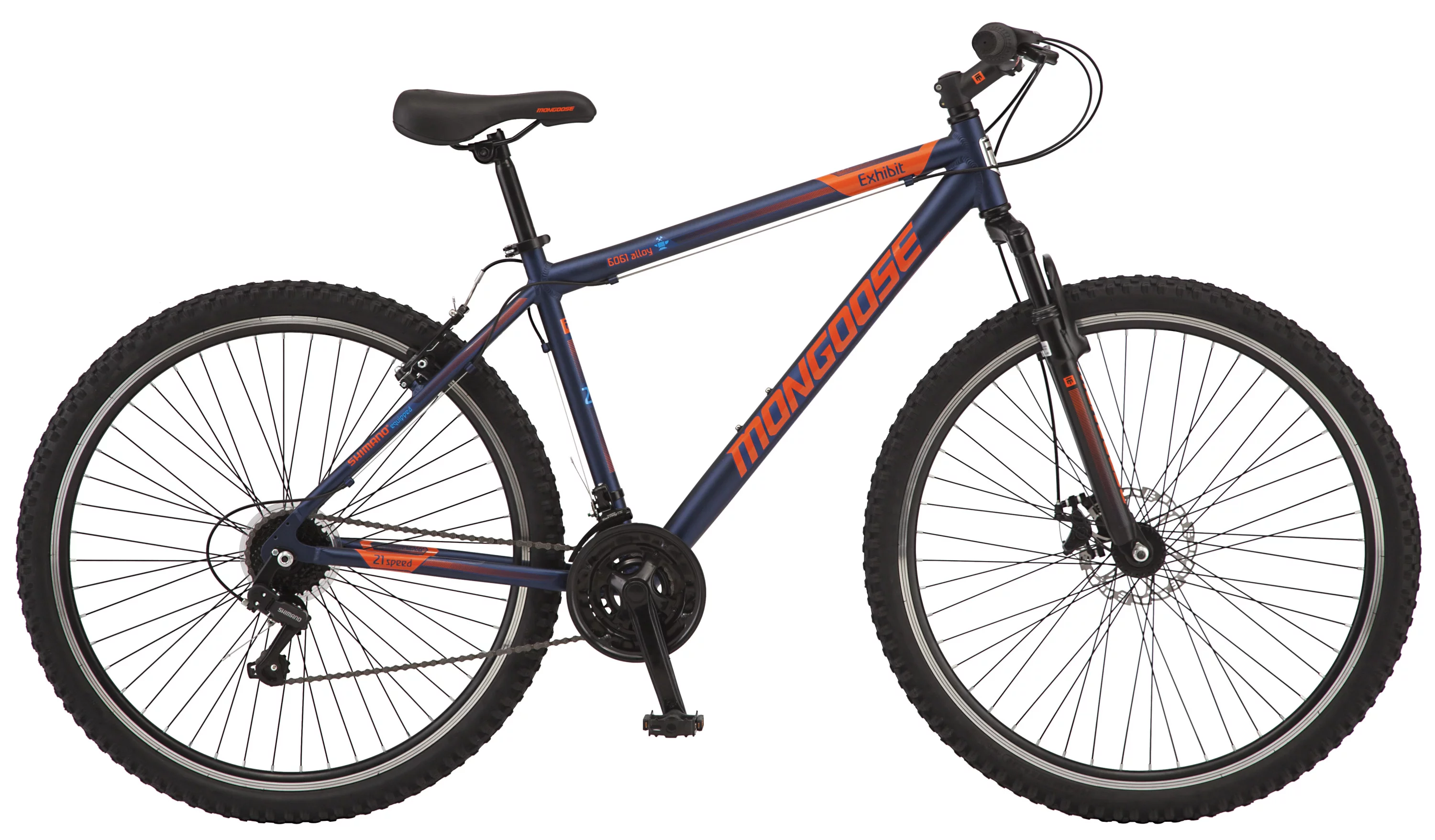 Mongoose Exhibit Mountain Bike, 29-inch wheels, 21 speeds, blue