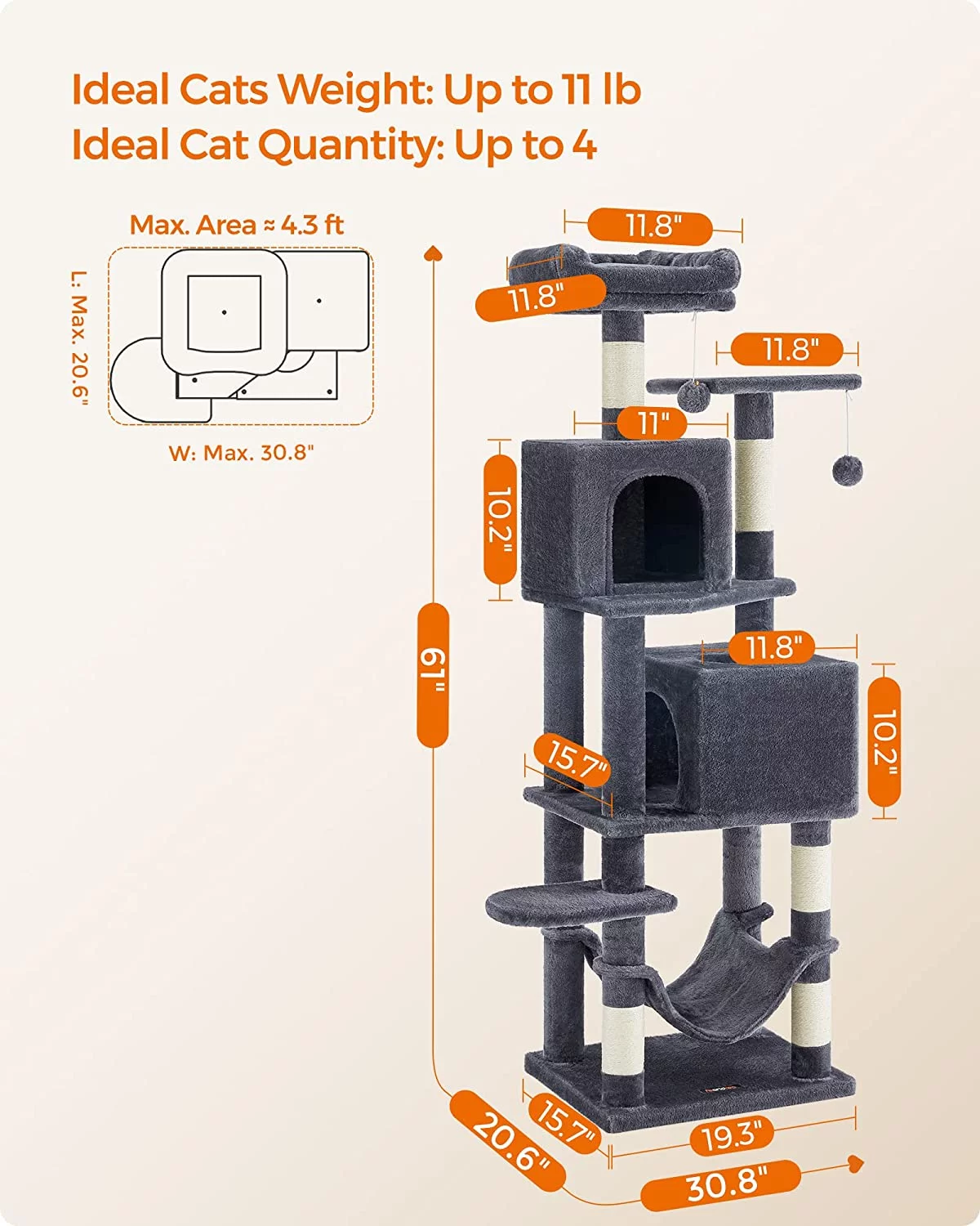Feandrea Cat Tree, 61-Inch Cat Tower for Indoor Cats, Plush Multi-Level Cat Condo with 5 Scratching Posts, 2 Perches, 2 Caves, Hammock, 2 Pompoms, Light Gray UPCT192W01
