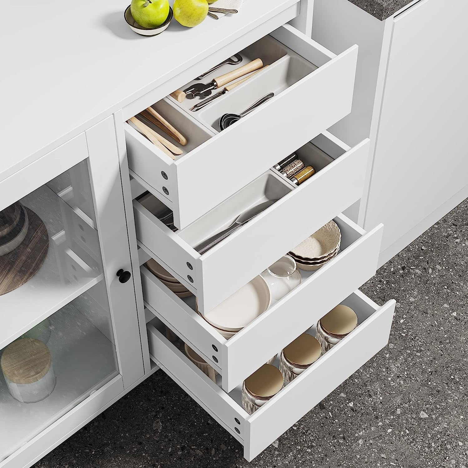 71'' Tall Kitchen Pantry  Cabinet with Large Countertop  Kitchen Buffet Hutch Cabinet with 2 Adjustable Shelves & Tempered Glass Doors  4 Handless Drawers for   White