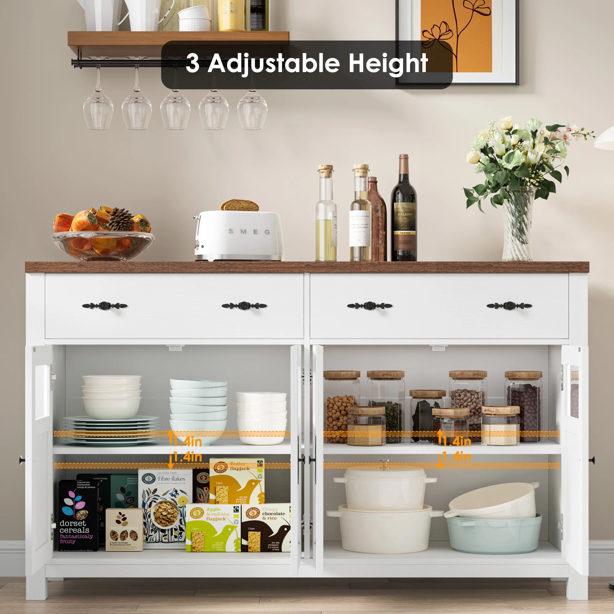 Homfa Farmhouse Kitchen Sideboard Buffet with 2 Drawer, Glass Door Wood Storage Cabinet Credenza with Adjustable Shelves, White