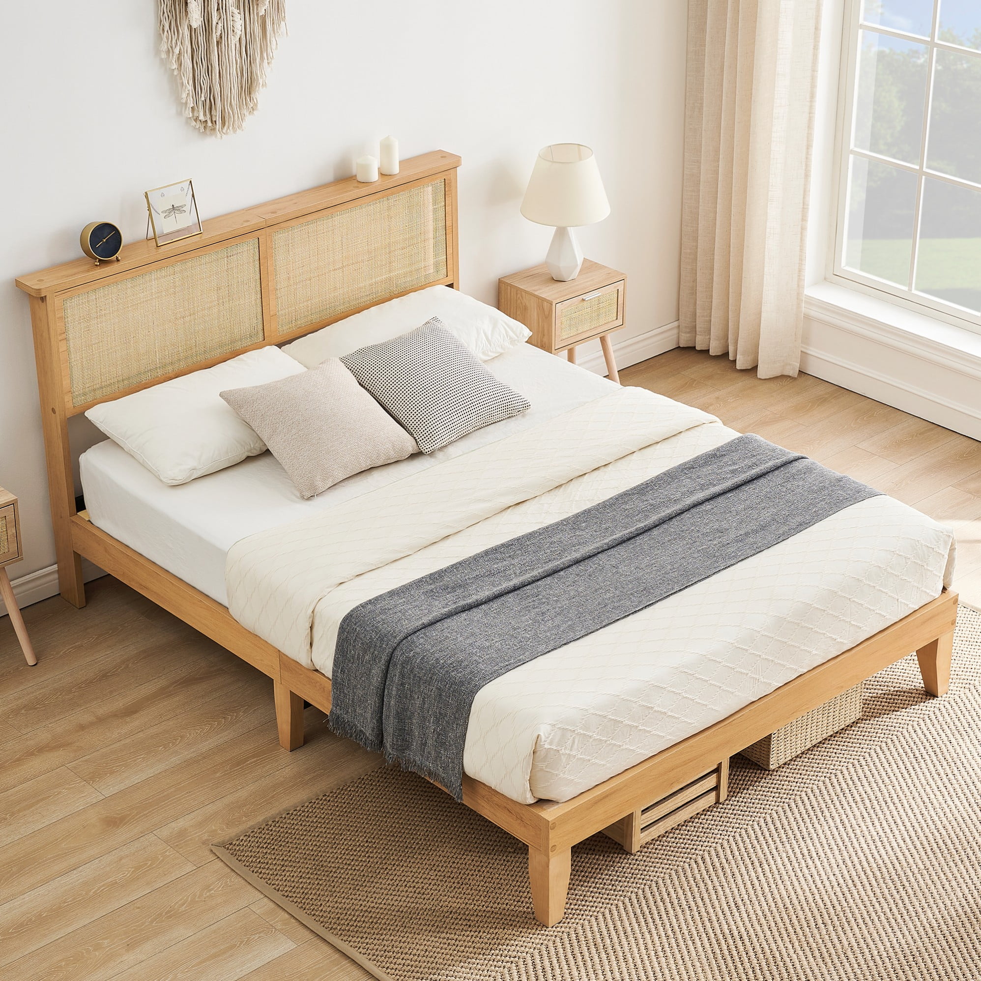IDEALHOUSE 12.4 Inch Solid Wood Full Bed Frame with Natural Rattan Headboard, Platform Full Size Bed Frame with LED Lights, Mattress Foundation, Noise-Free, No Box Spring Needed, Easy Assembly