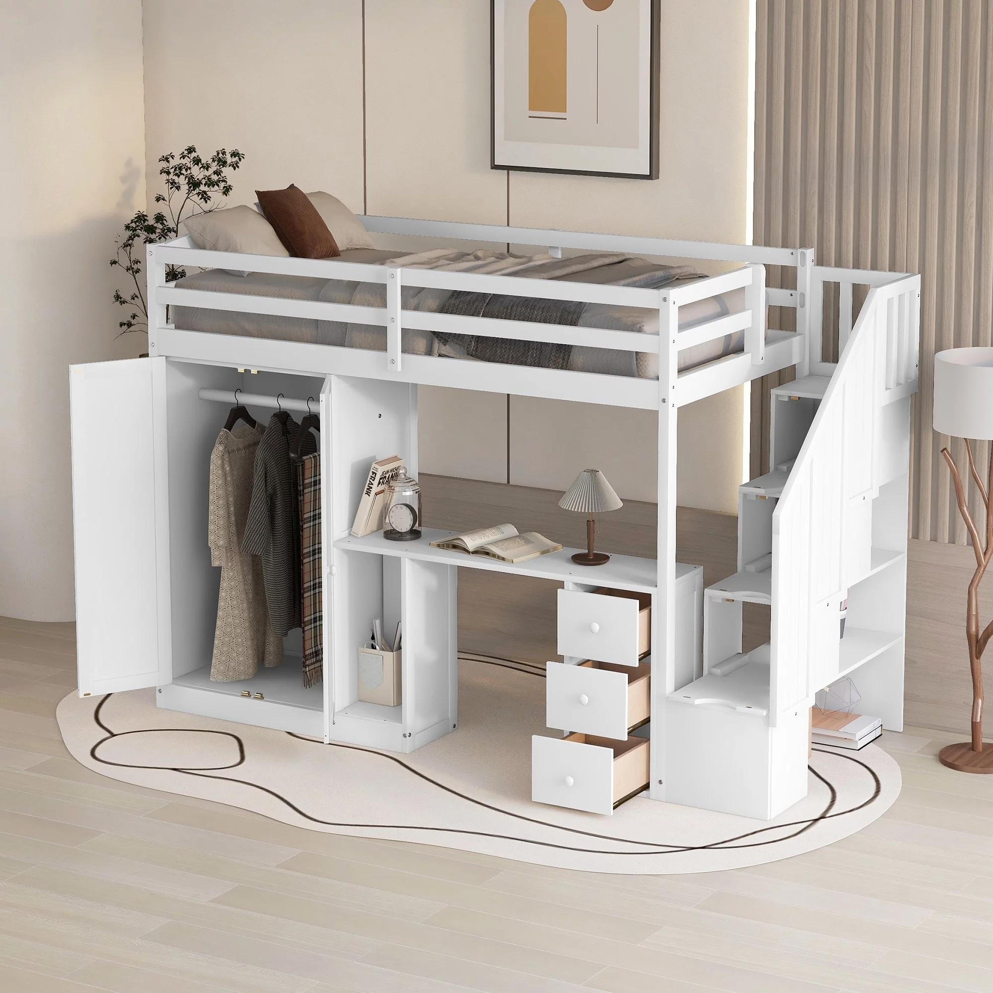 Euroco Twin Size Pine Wood Loft Bed with Desk, Drawers and Wardrobe for Kids Room, Storage Staircase, Sapce-Saving Shelf, White