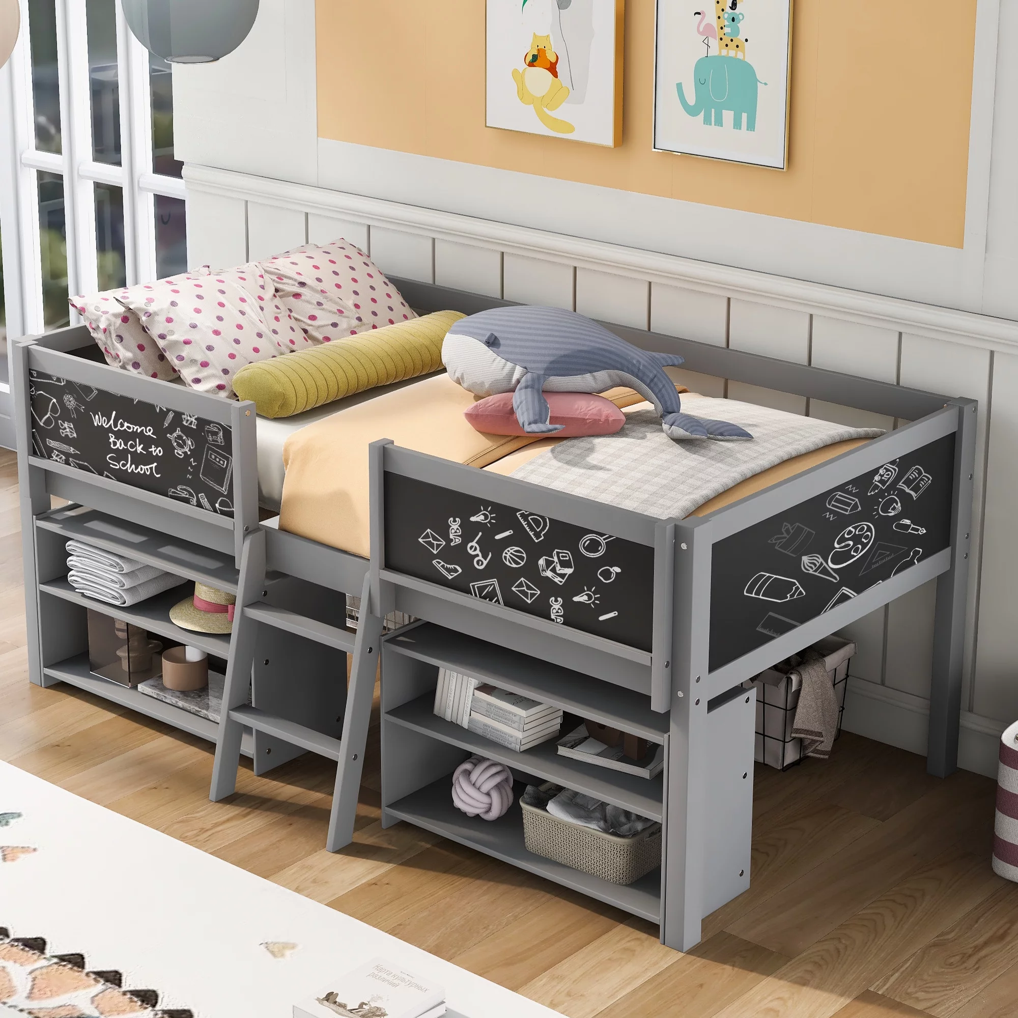 Loft Bed with Two Movable Shelves and Ladder, House Loft Beds Twin Size with Full-Length Safety Bed, Decorative Guardrail Chalkboard for Kids Toddlers Girls/Boys