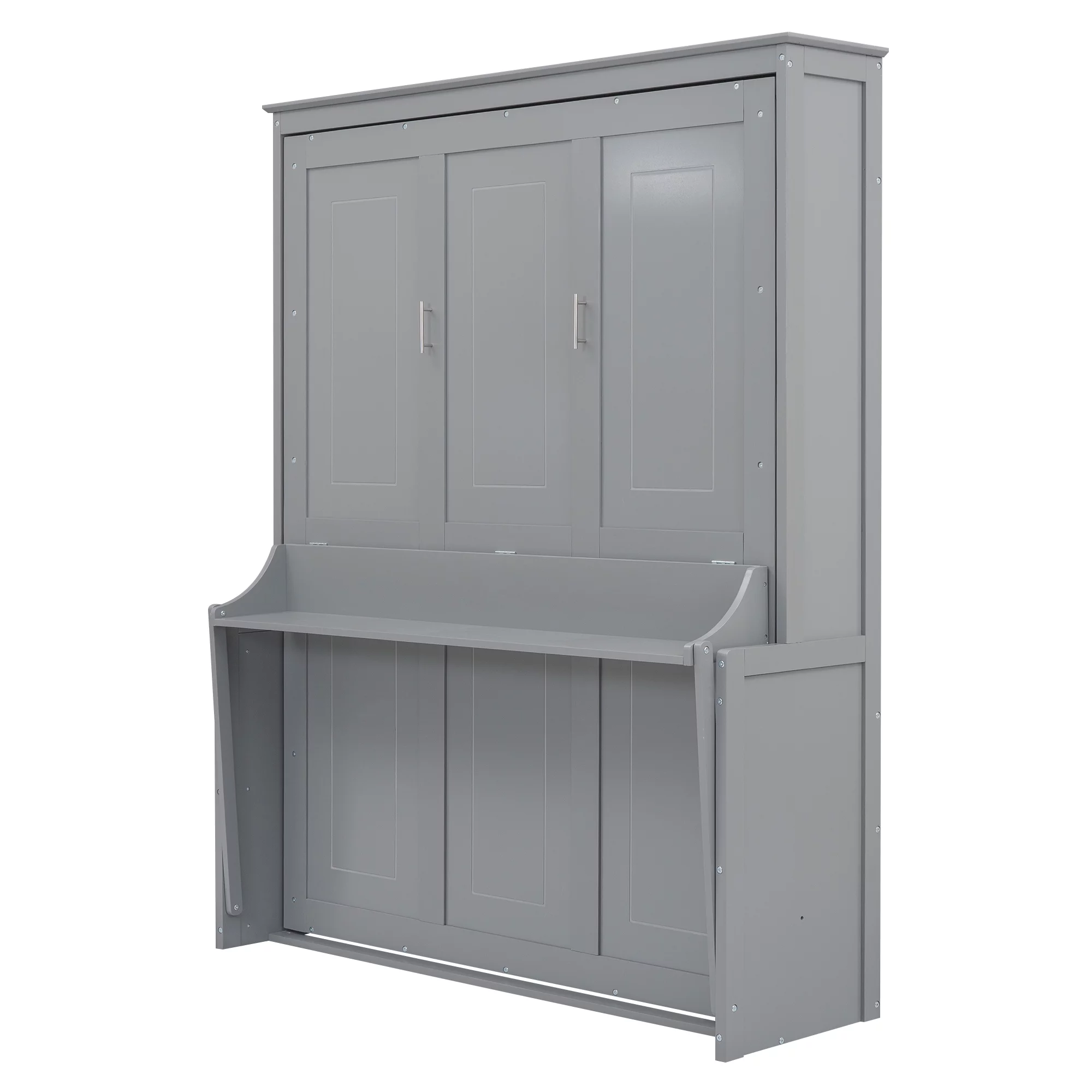 Euroco Queen Size Murphy Bed with Desk and Shelf, Convertible Wall Bed into a Cabinet for Living Room, Guests Room, Space-Saving & Easy Open and Close, Gray