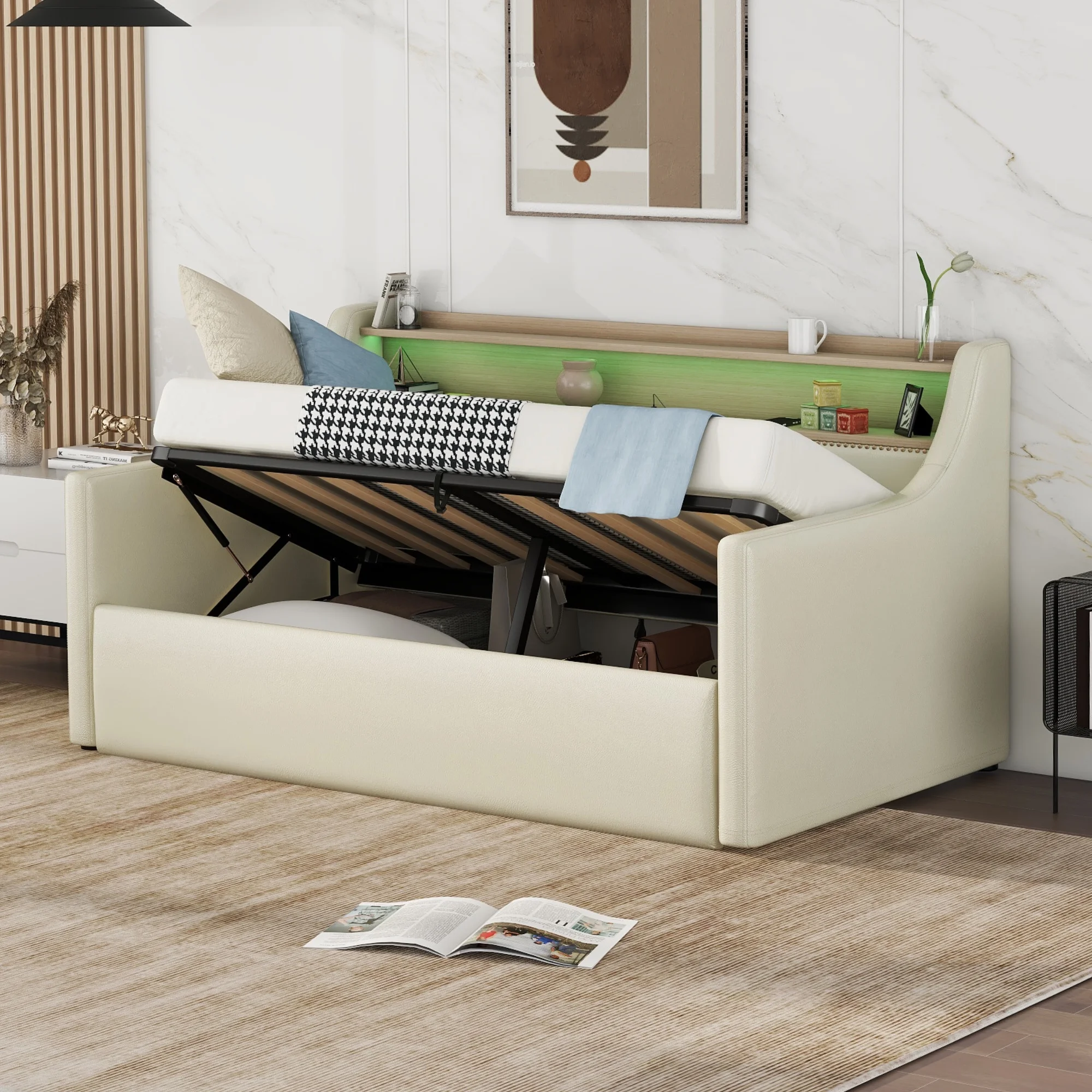 ONME Twin Size Daybed with Hydraulic Storage, Upholstered Daybed with Lift Up Storage, Twin Leather Daybed with Charging Station and LED Lights, Beige