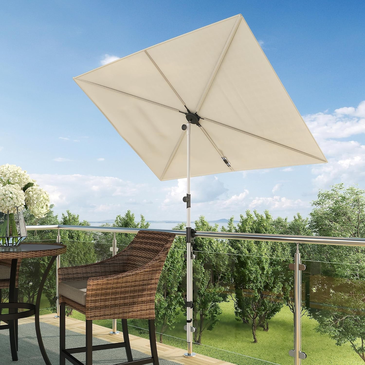 Grand patio 6x4 FT Balcony Umbrella, 360° Roating Rectangular Tilt Parasol UV 50+ Powder-coated Steel Pole Outdoor Umbrella for Apartment, Patio, Beige