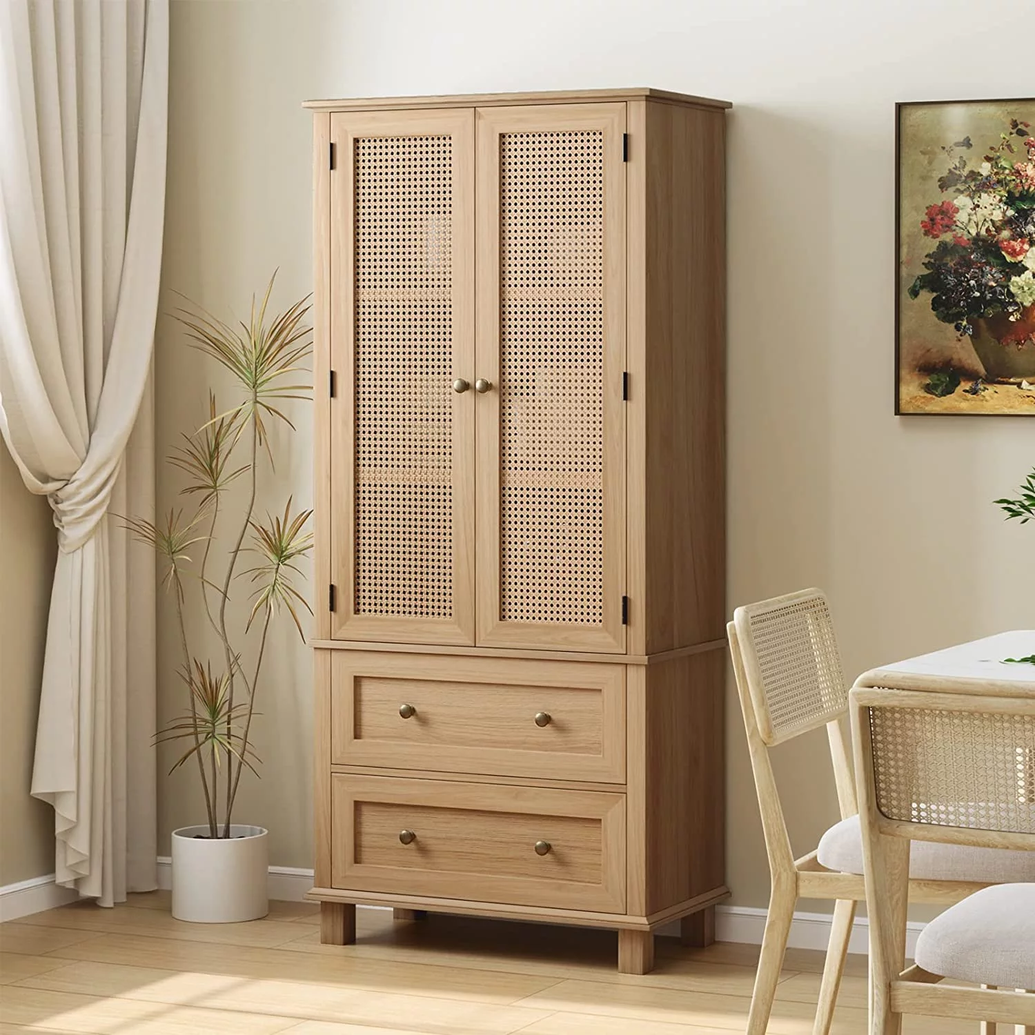 ONKER Kitchen Pantry Storage Cabinet, Tall Cabinet with Rattan Doors and 2 Drawers, Freestanding Cupboard with Adjustable Shelves, Utility Pantry for Kitchen, Dining Room,White