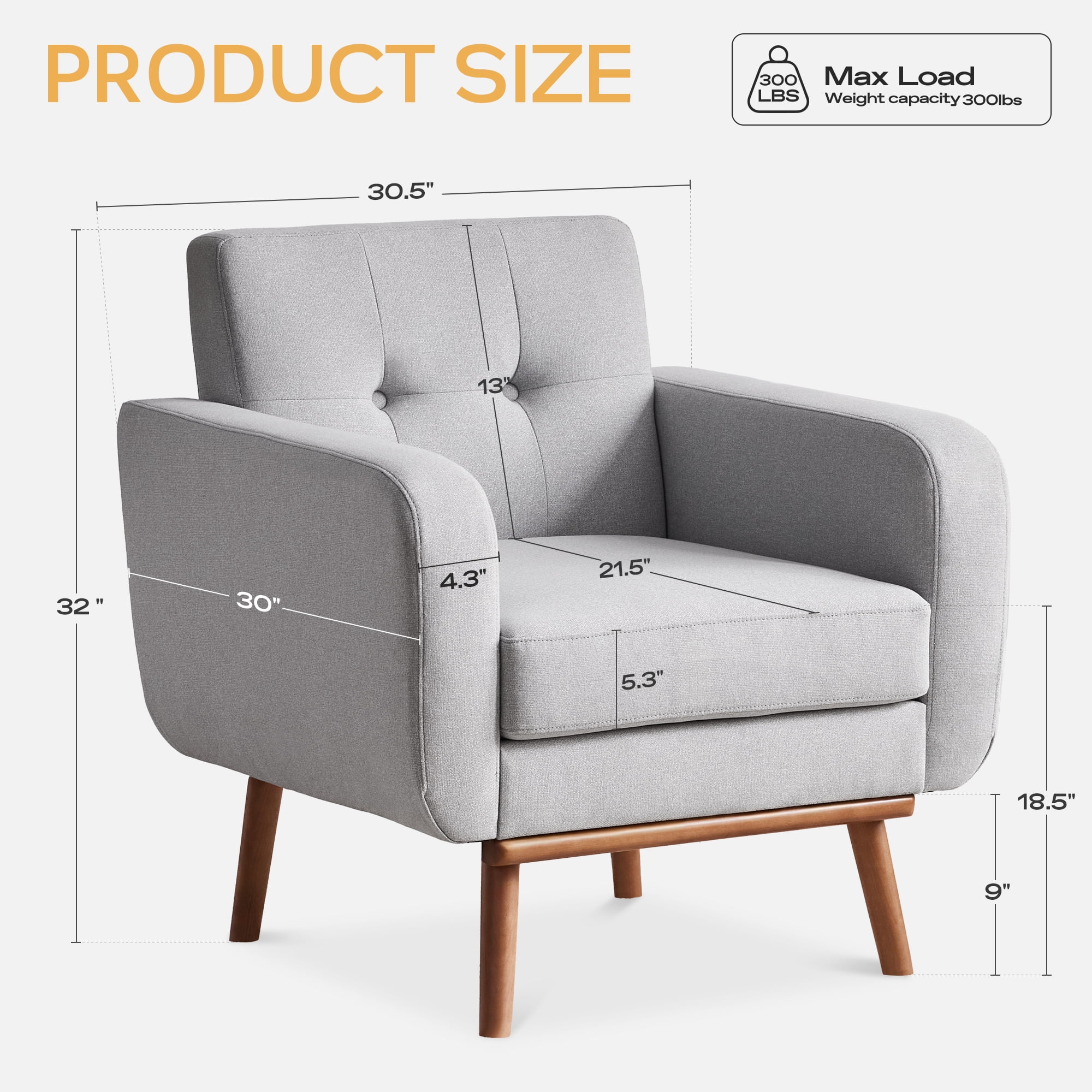 HUIMO Linen Fabric Accent Chair, Mid Century Modern Arm Chair for Living Room, Button Tufted Upholstered Armchair Comfy Reading Sofa for Bedroom, Club Chair (Gray)