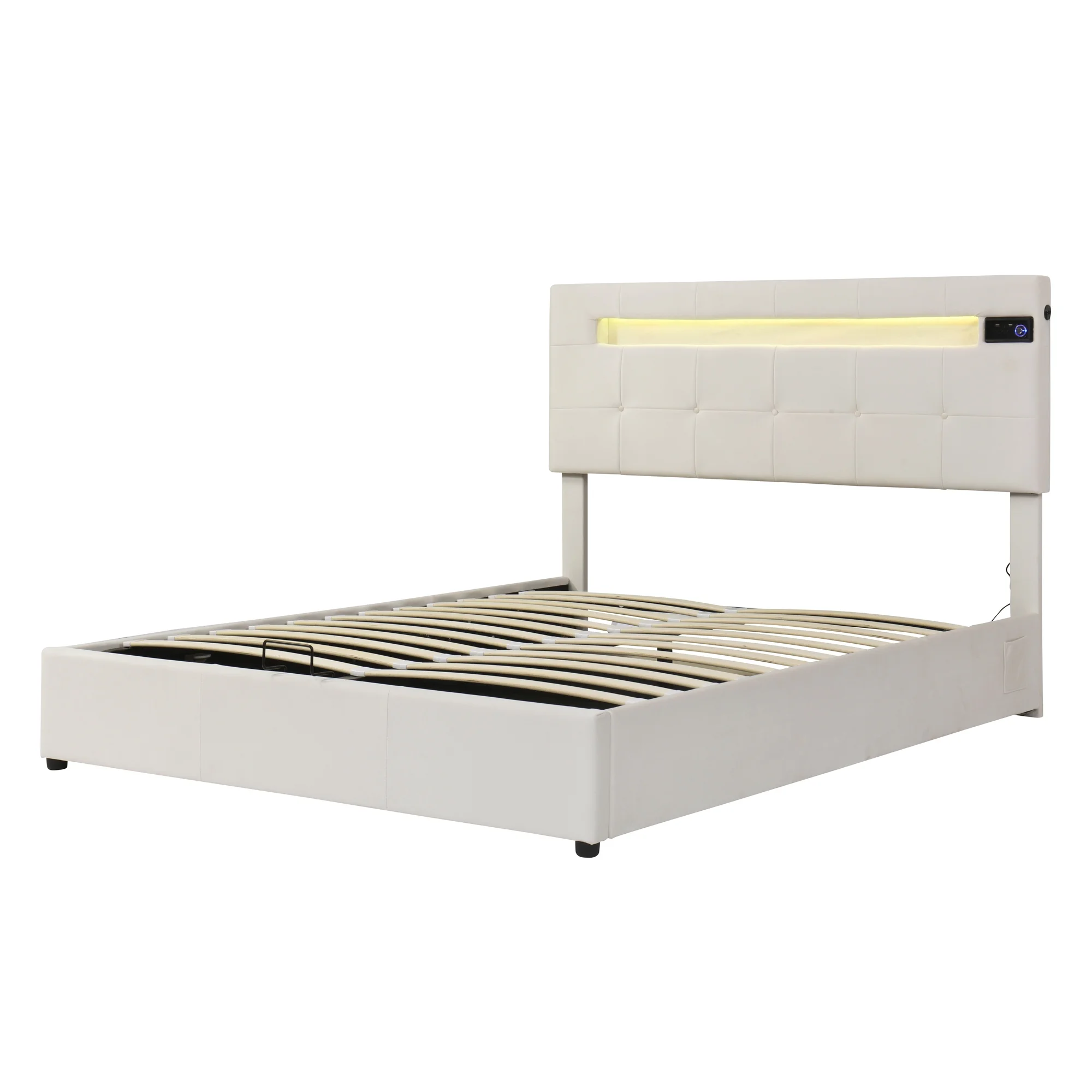 Churanty Full Size Upholstered Bed with LED Light and Integrated Bluetooth Audio System, Modern Platform Bed with Hydraulic Storage System and USB Port, Velvet , Beige