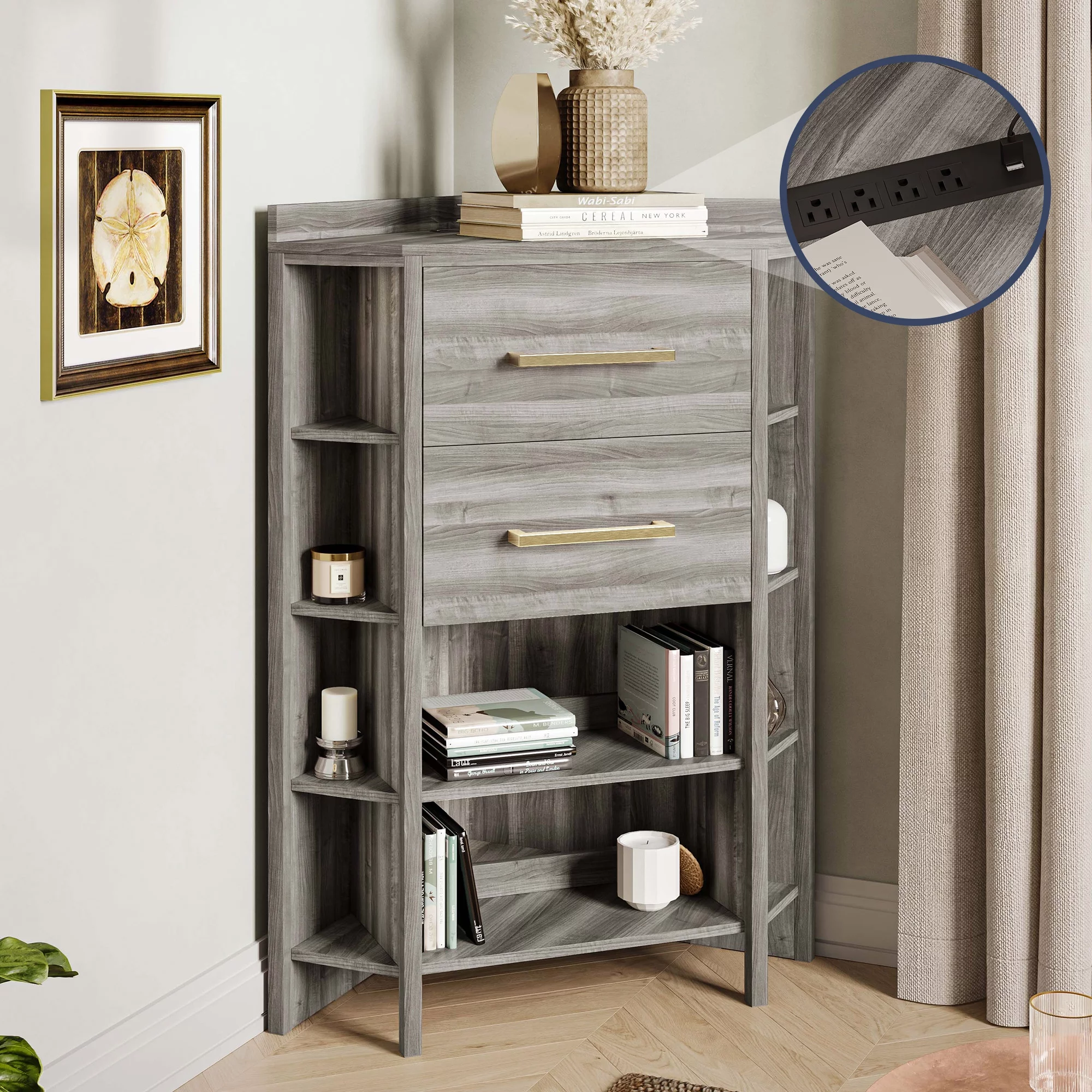 BELLEZE Corner Cabinet with Power Strip, Corner Table with 2 Storage Drawers and 10 Shelves, Store and Organize Home Furniture for Small Space - Sonoma (Gray)