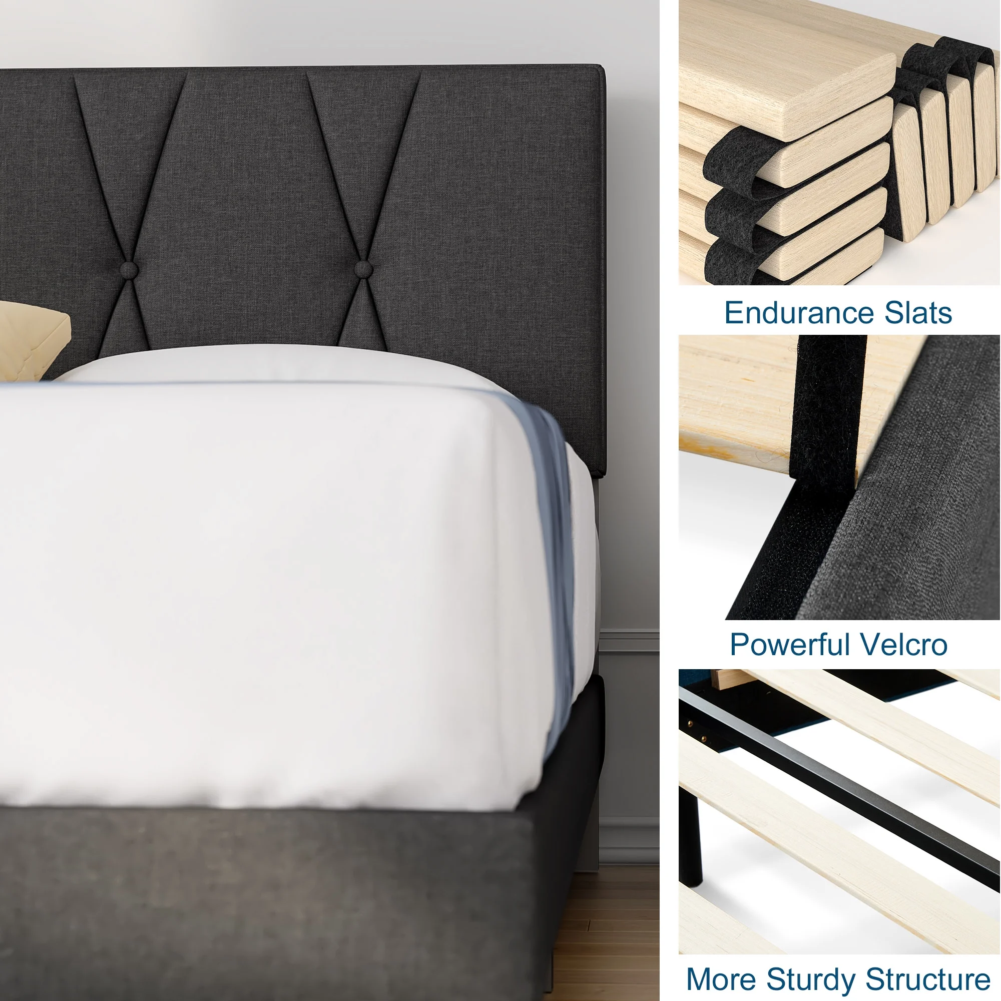Queen Bed Frame, HAIIDE Queen Size Platform Bed With Fabric Upholstered Headboard, Dark Grey