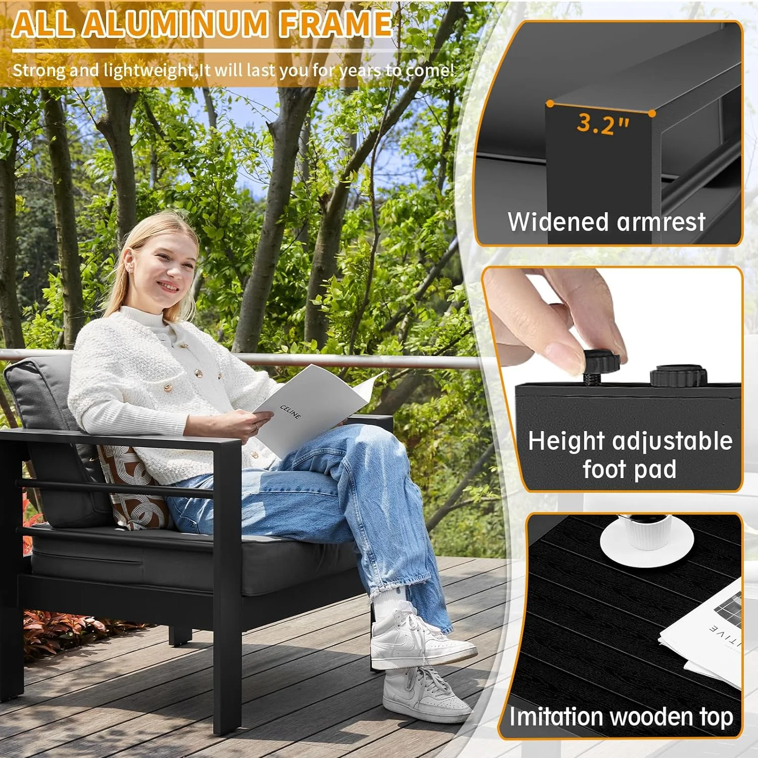 Poteban Aluminum Patio Furniture,Outdoor Metal Sectional Sofa with Table and Waterproof Covers,Grey Modern Patio Furniture Set for Garden Backyard (6-Piece)