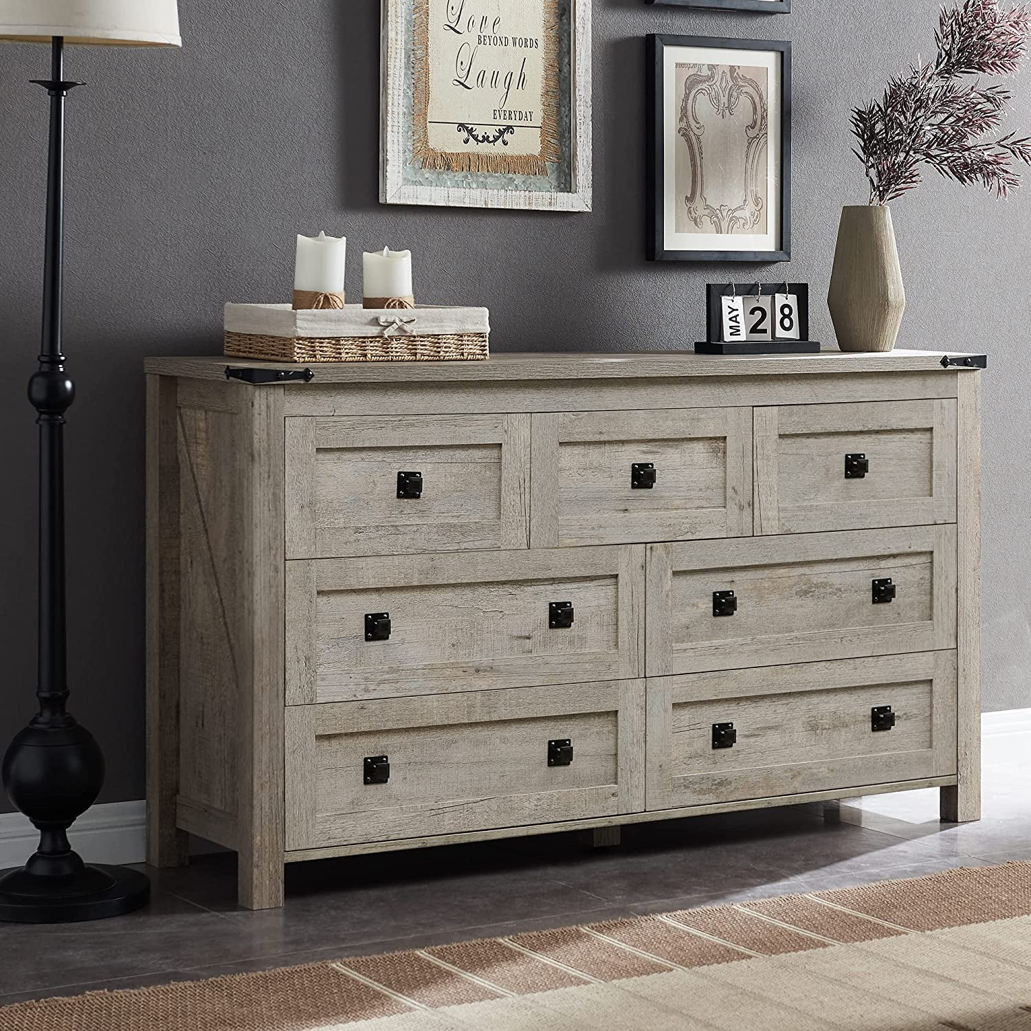 Popular Farmhouse 6 Drawers Dresser Chests for Bedroom  Wood Rustic Wide Chset of Drawers Storage Dressers Organizer for Bedroom  Living Room Hallway  Dark Rustic Oak