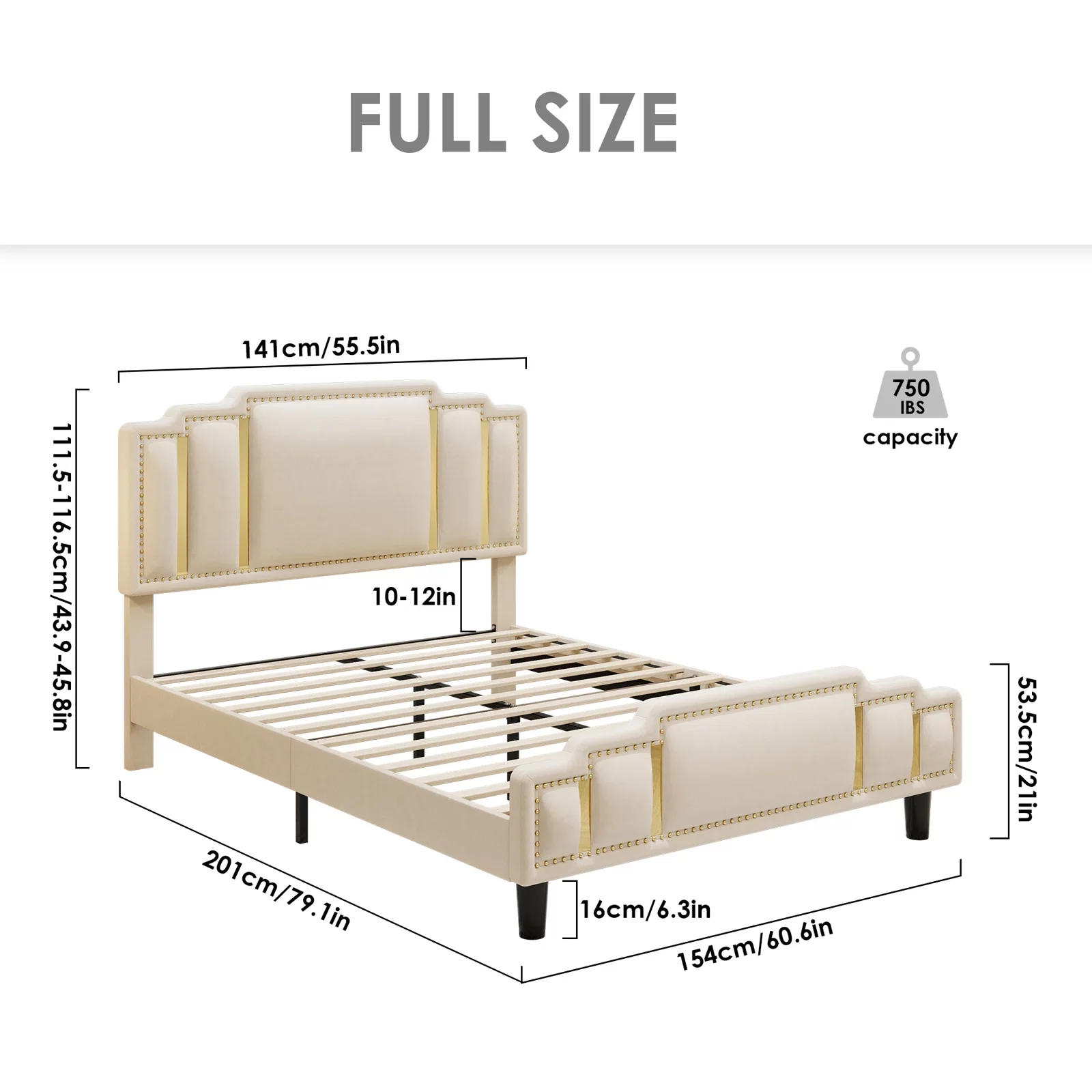 Homfa Full Bed Frame, Luxury Velvet Upholstered Headboard with Golden Iron Sheet & Rivets, Platform Bed with Adjustable Headboard, White
