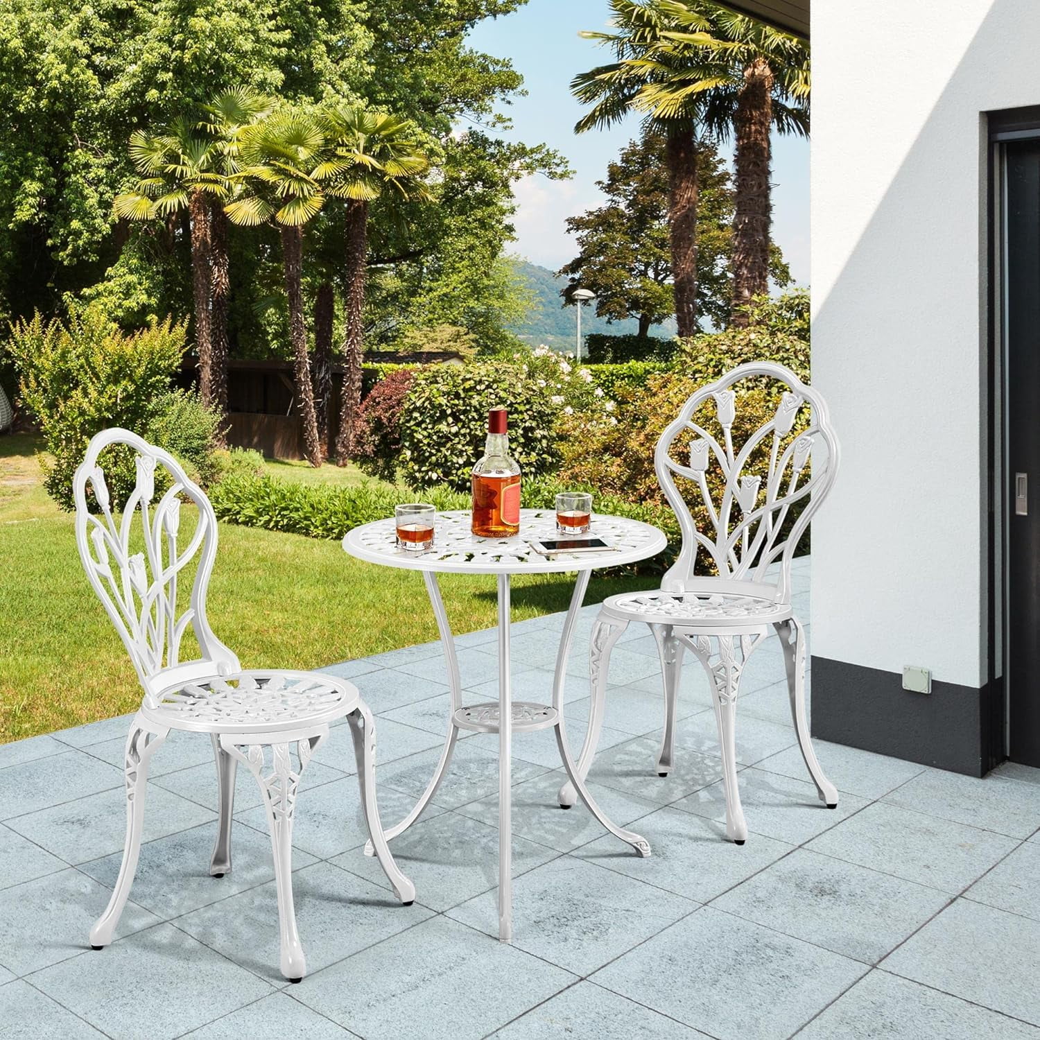 Yaheetech Patio Bistro Sets 3 Piece, Outdoor Rust-Resistant Cast Aluminum Garden Table and Chairs, White