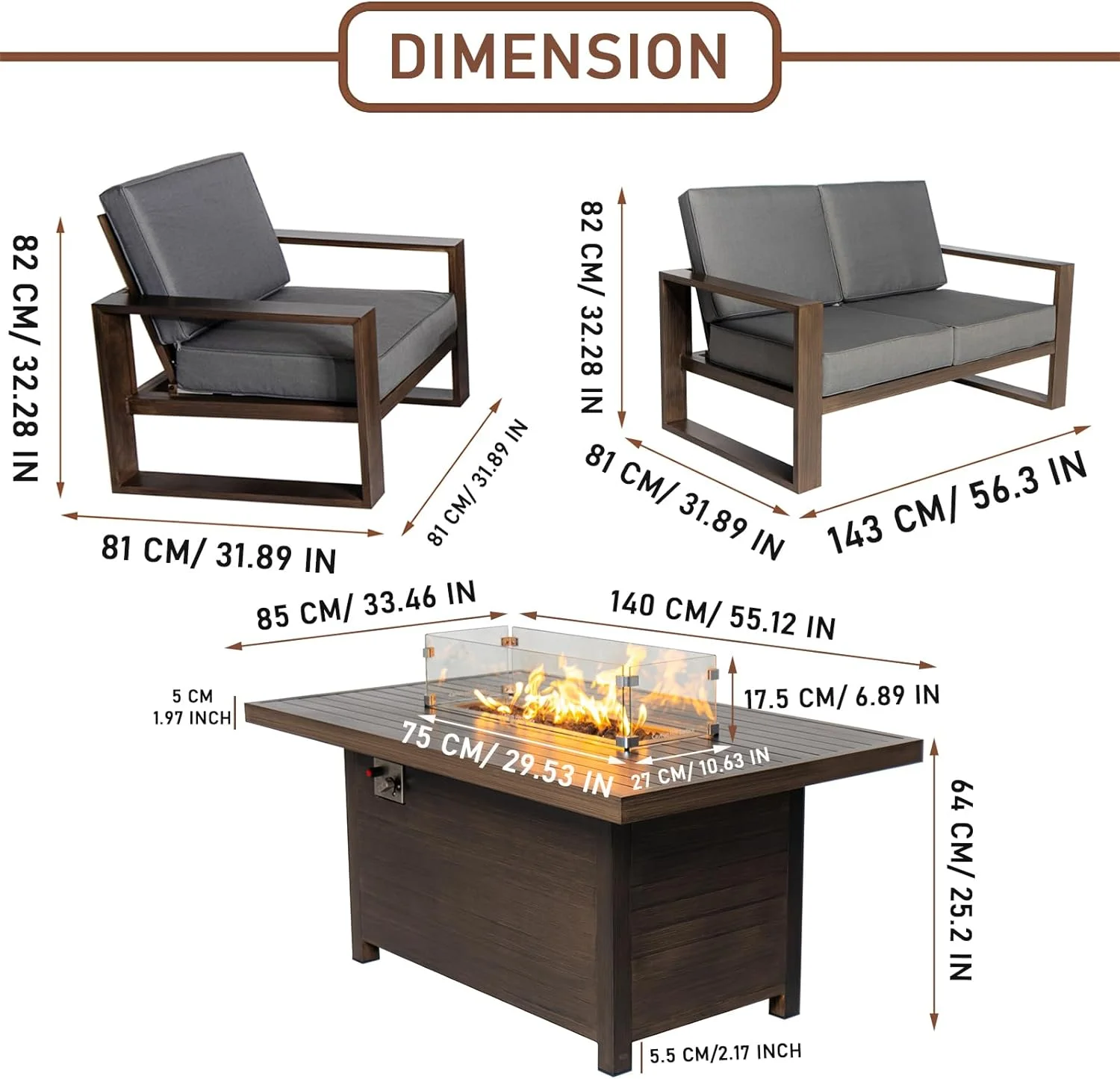 Aluminum Patio Furniture Set, 5 Pieces Outdoor Sectional Conversation Set with 55.12'' Fire Pit Table, Armchair and Loveseat, All-Weather Modern Seating Set for Backyard - 2 Armchair + 2 Loveseat
