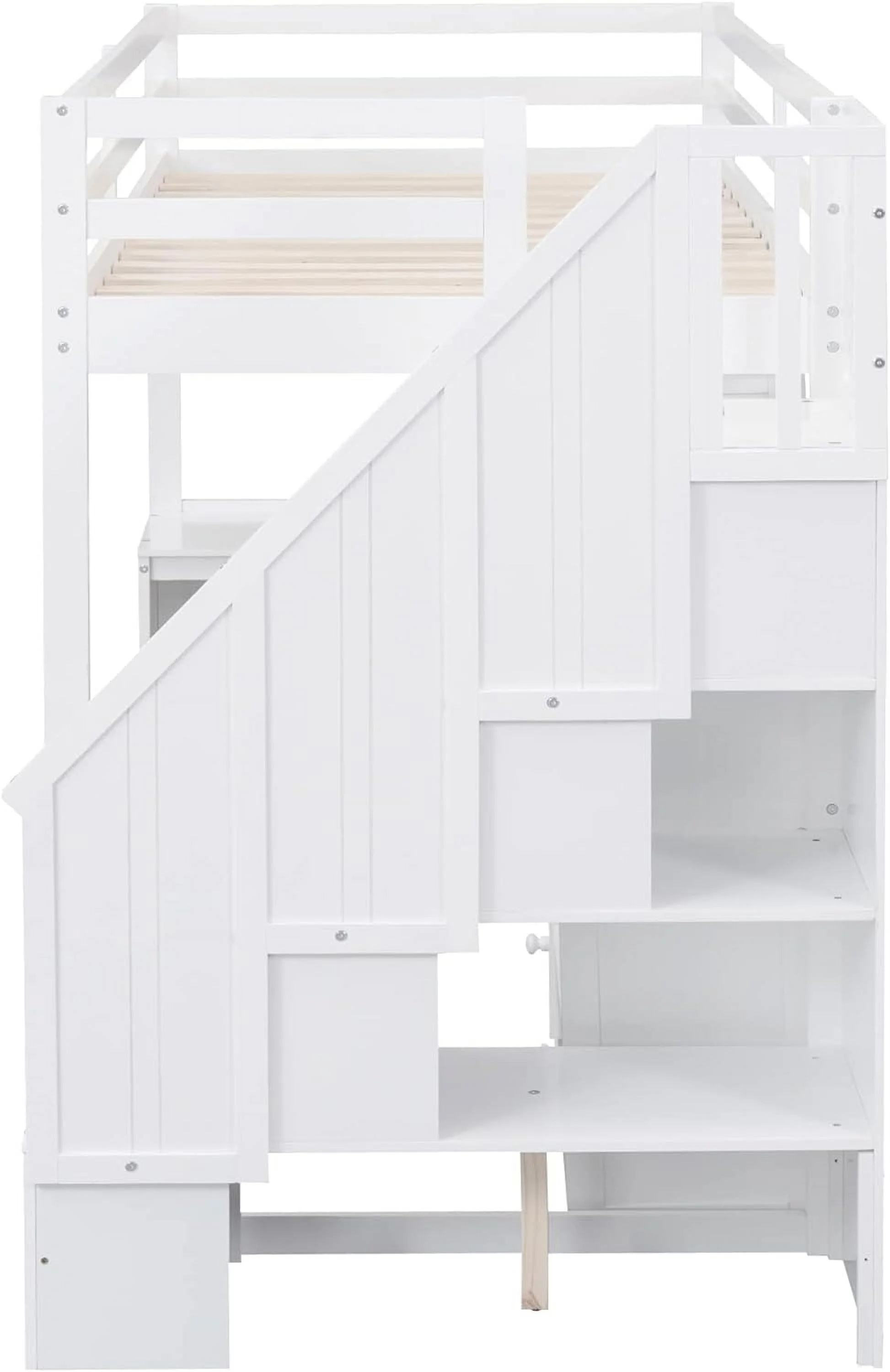 Size Loft Bed With Stairs Ad L-Shaped Desk, Wood Loft Bed With Storage Drawers Ad Cabiet, Loft Bed With Guardrails For Kids Girls Boys, White