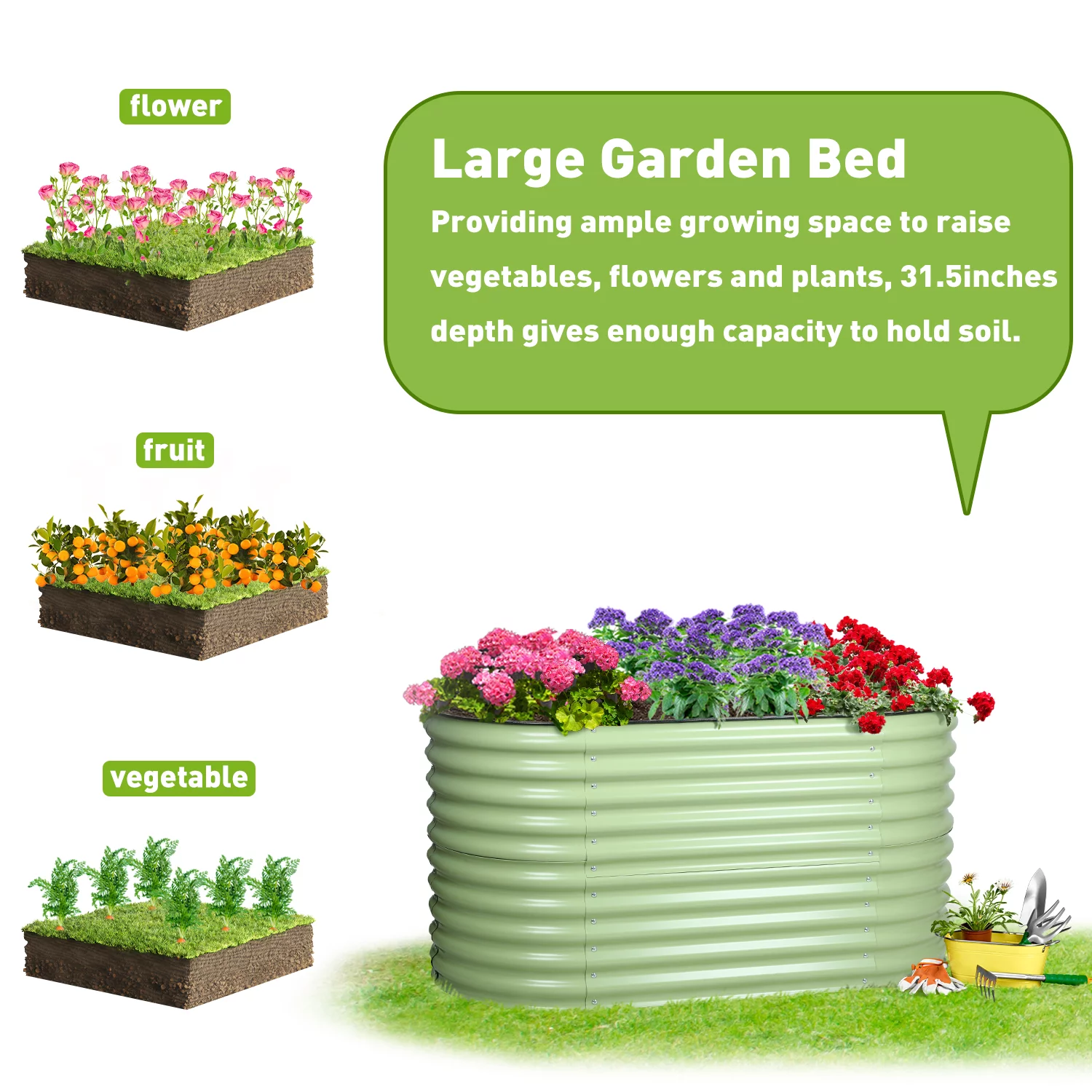 Aoodor 2 in 1 Modular Aluzinc Metal Raised Garden Bed - Outdoor Garden Planter Box for Vegetable, Flower, Herb - Olive Green (63''L x 32''W x 32''H)