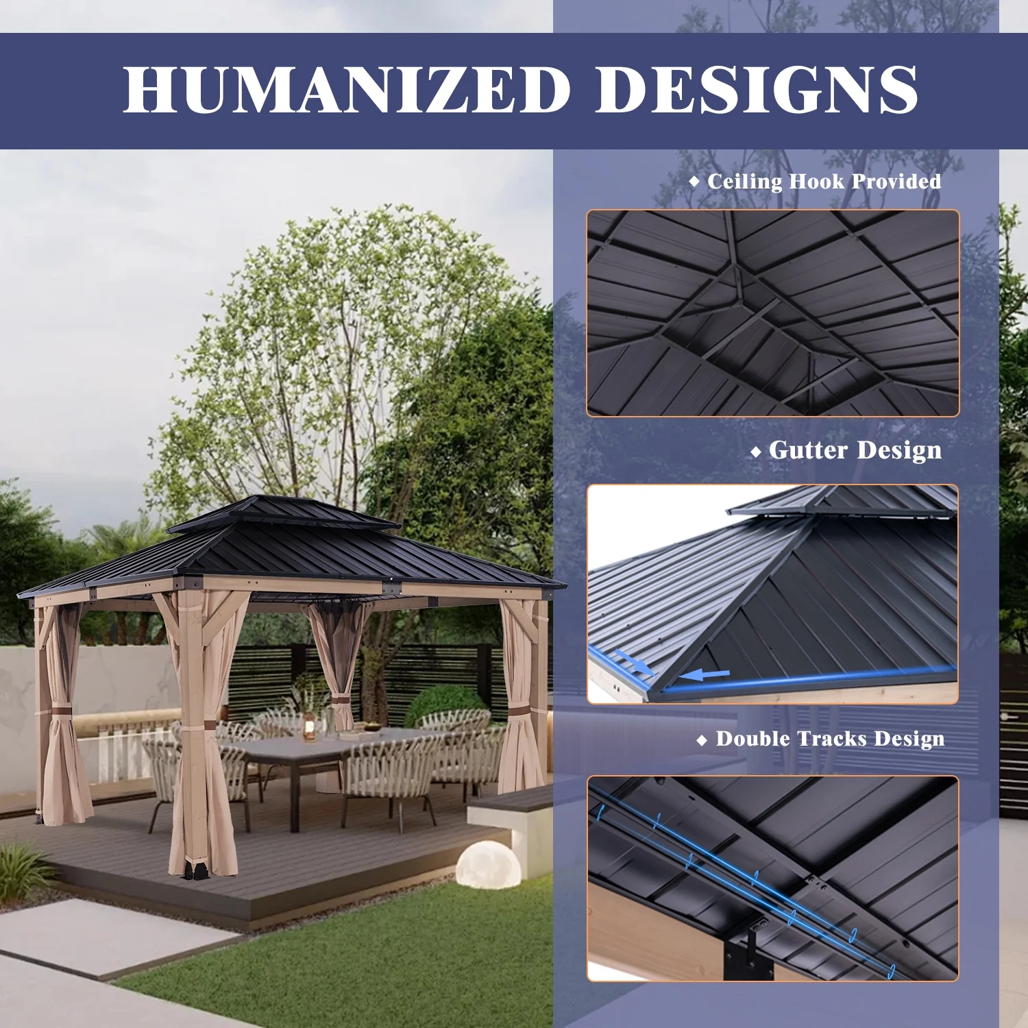 HEAVDUTY Hardtop Wood Gazebo 10x12 ft – Cedar Wood Frame Gazebo with Double Metal Roof – Patio Gazebo Kits with Mosquito Netting & Curtains – Outdoor Wooden Gazebos Pavilion for Backyard and Deck