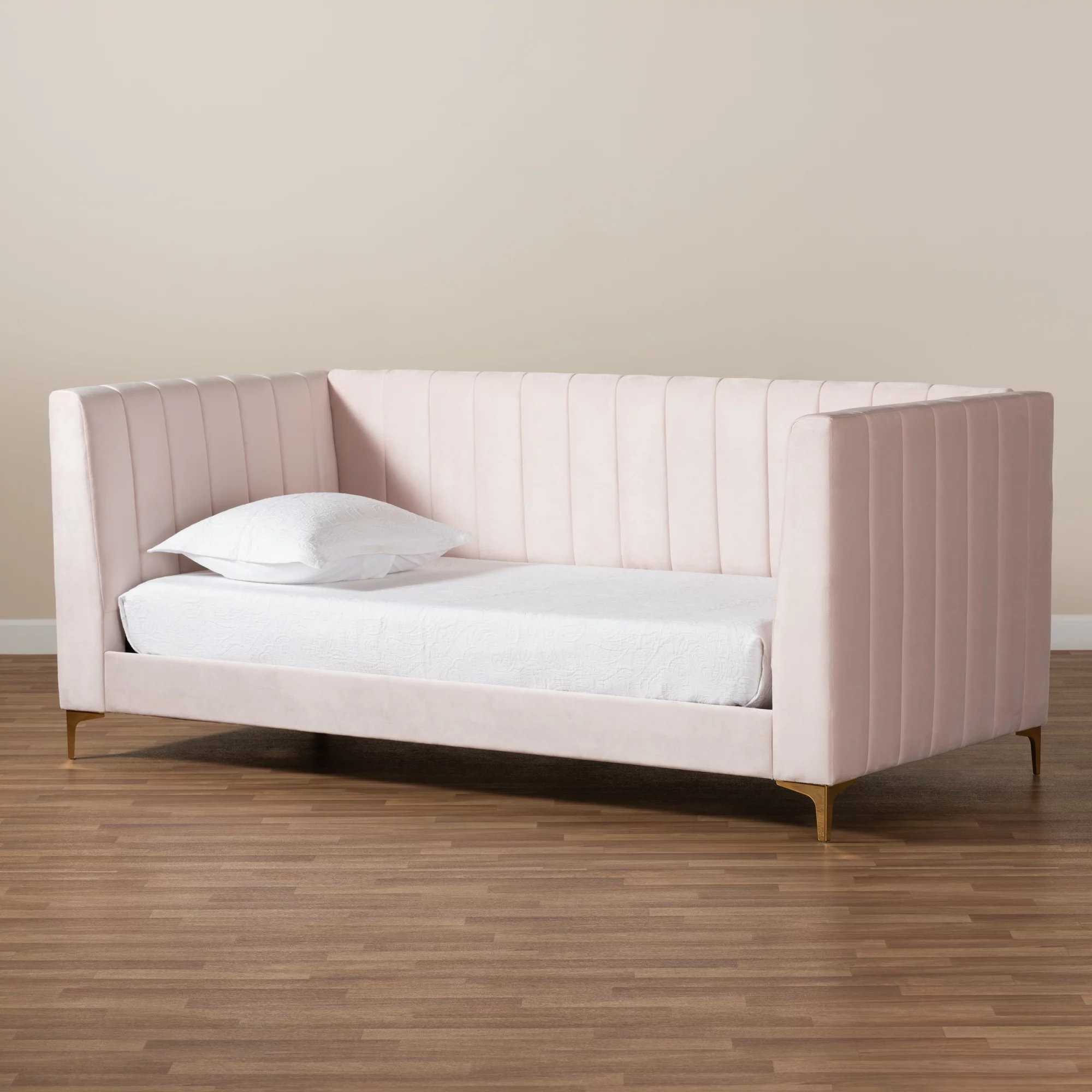 Baxton Studio Oksana Modern Contemporary Glam and Luxe Light Pink Velvet Fabric Upholstered and Gold Finished Twin Daybed