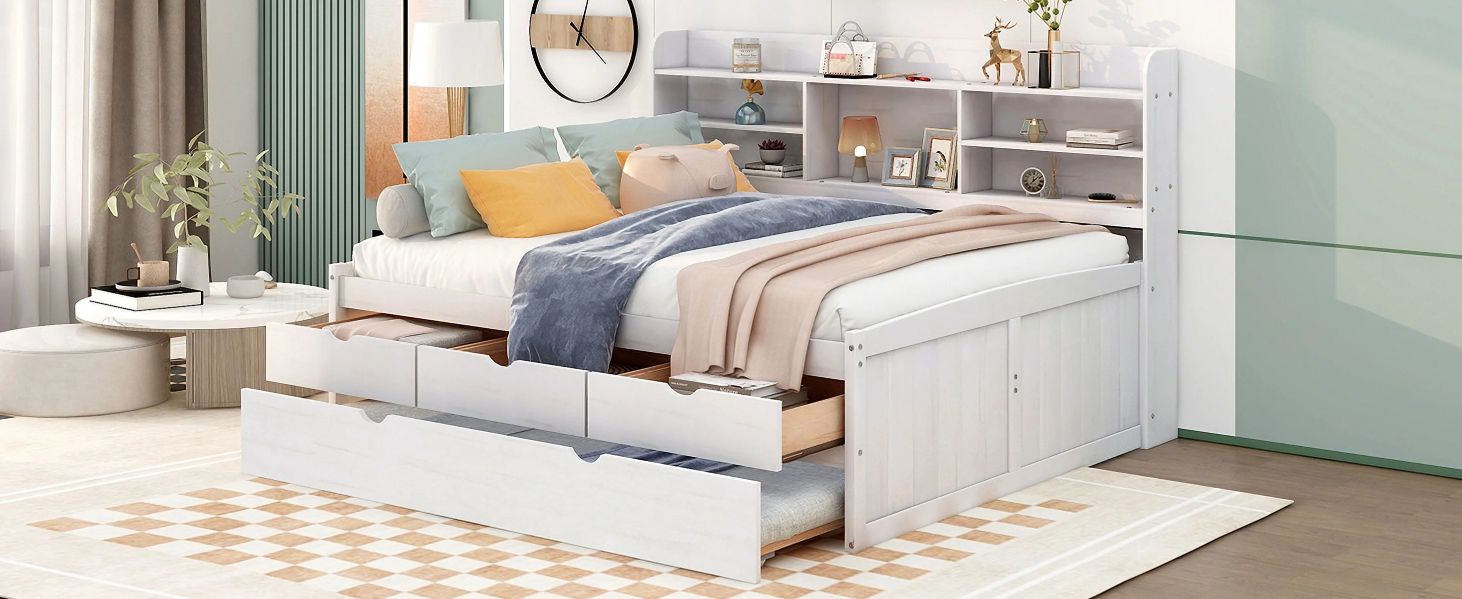 CoSoTower Full Size Wooden Captain Bed with Built-In Bookshelves,Three Storage Drawers and Trundle,White
