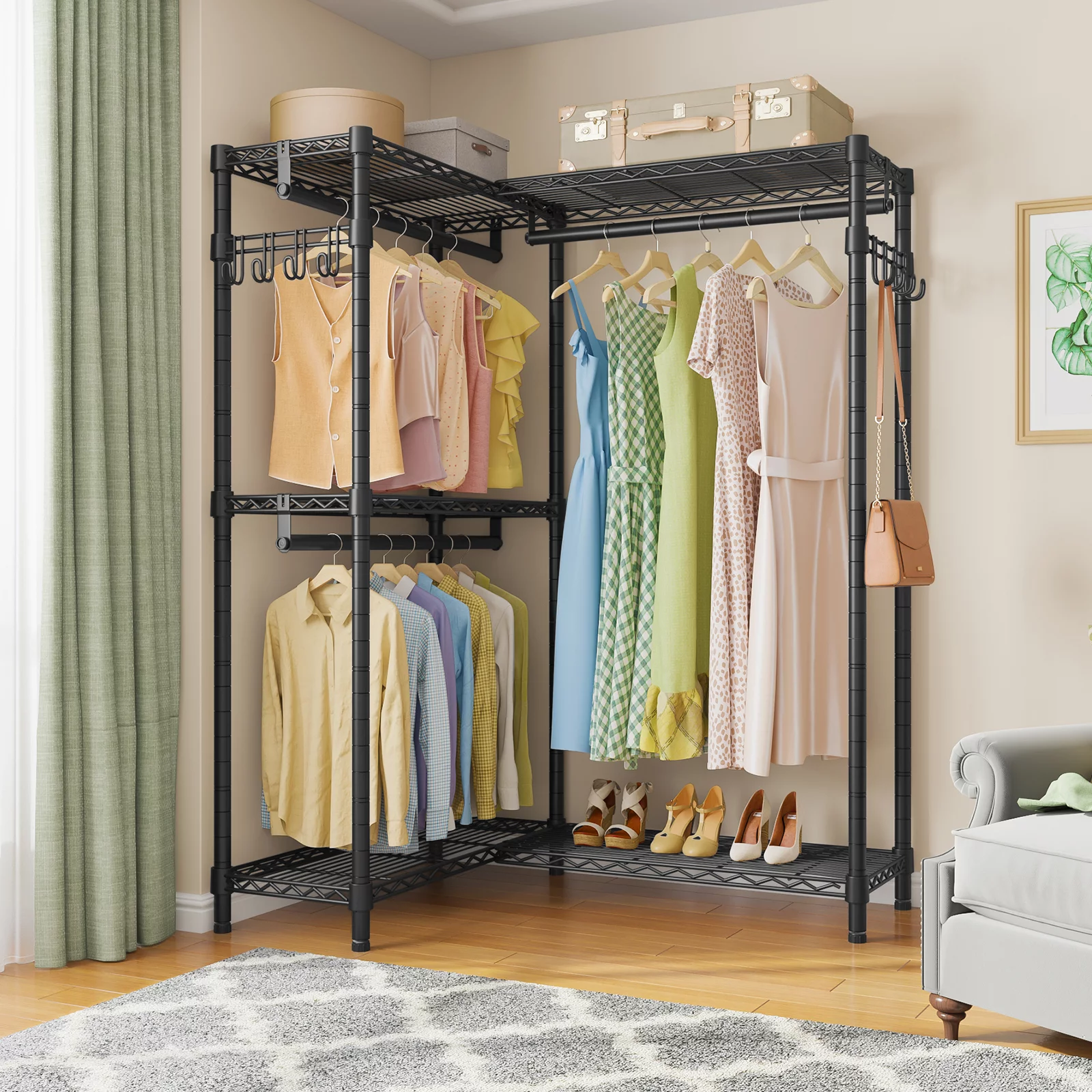 VIPEK L4 Garment Rack L Shaped Clothes Rack for Corner, Freestanding Portable Wardrobe Closet Heavy Duty Clothing Rack, Black
