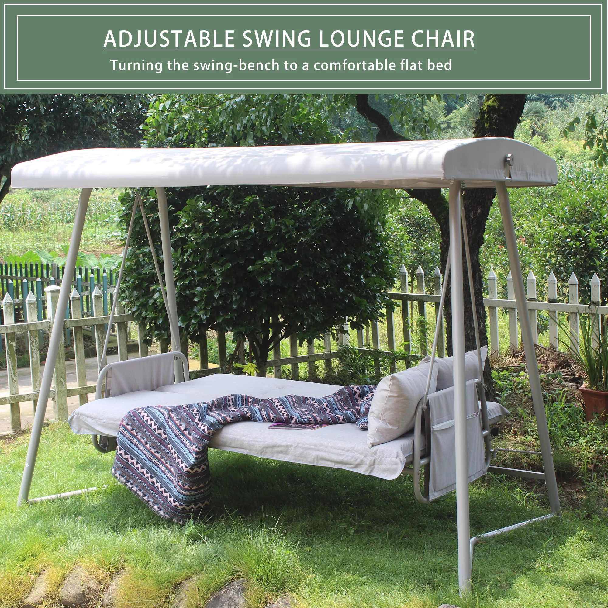 3-Seater Outdoor Convertible Canopy Swing Chair Bench Bed with Comfortable Cushion Seats for Patio Porch Garden